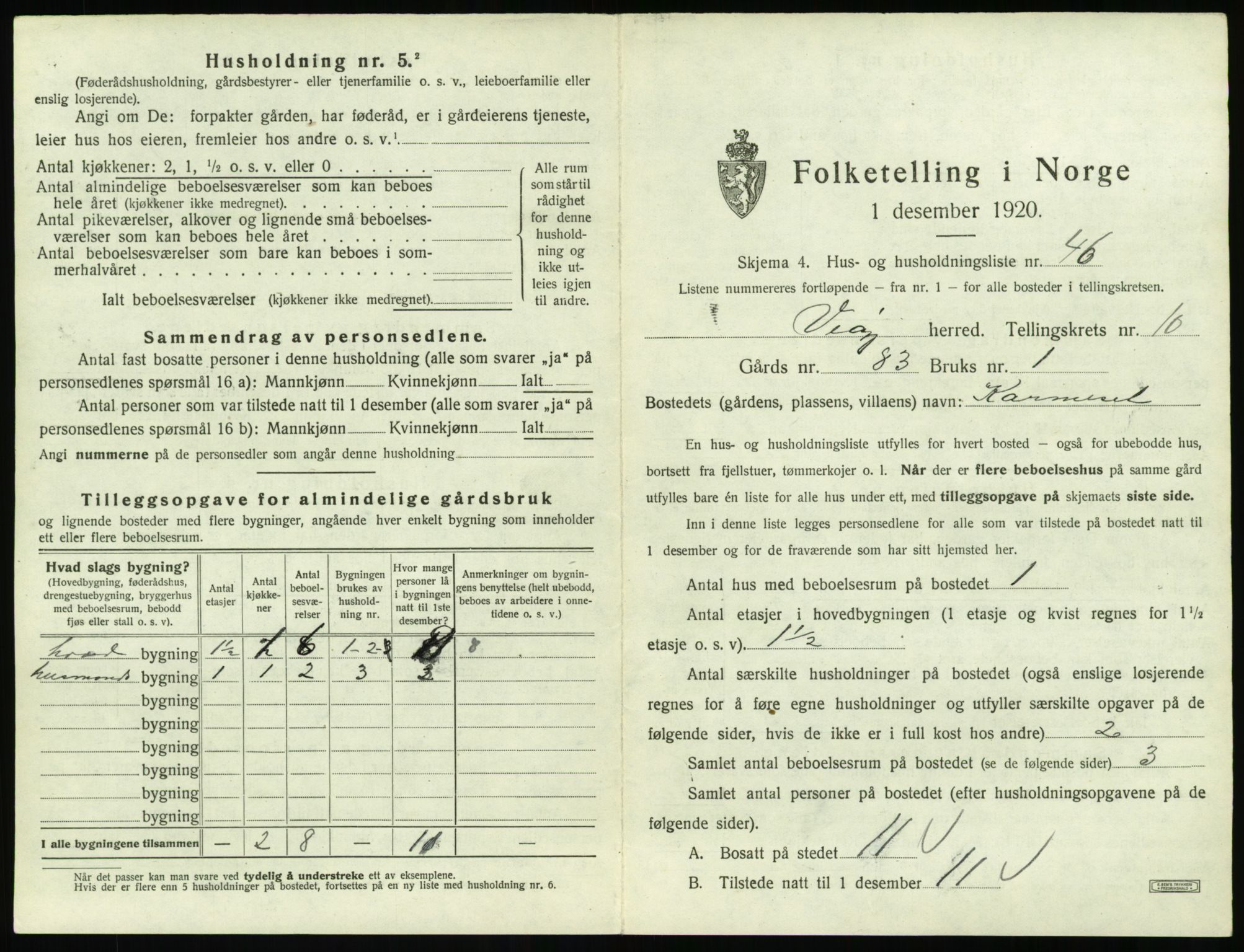 SAT, 1920 census for Veøy, 1920, p. 867