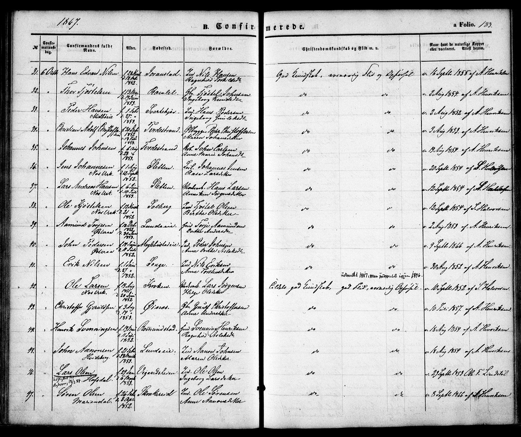 Holt sokneprestkontor, AV/SAK-1111-0021/F/Fa/L0009: Parish register (official) no. A 9, 1861-1871, p. 183