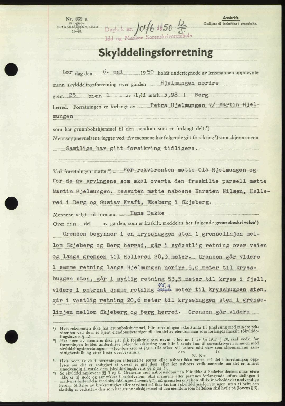 Idd og Marker sorenskriveri, AV/SAO-A-10283/G/Gb/Gbb/L0014: Mortgage book no. A14, 1950-1950, Diary no: : 1046/1950