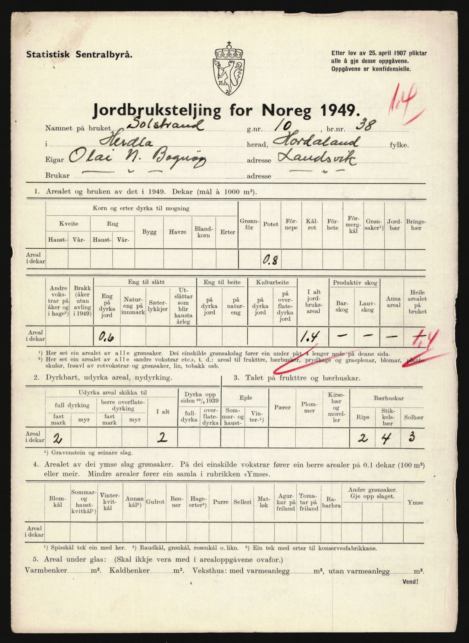 Statistisk sentralbyrå, Næringsøkonomiske emner, Jordbruk, skogbruk, jakt, fiske og fangst, AV/RA-S-2234/G/Gc/L0276: Hordaland: Herdla og Hjelme, 1949, p. 4