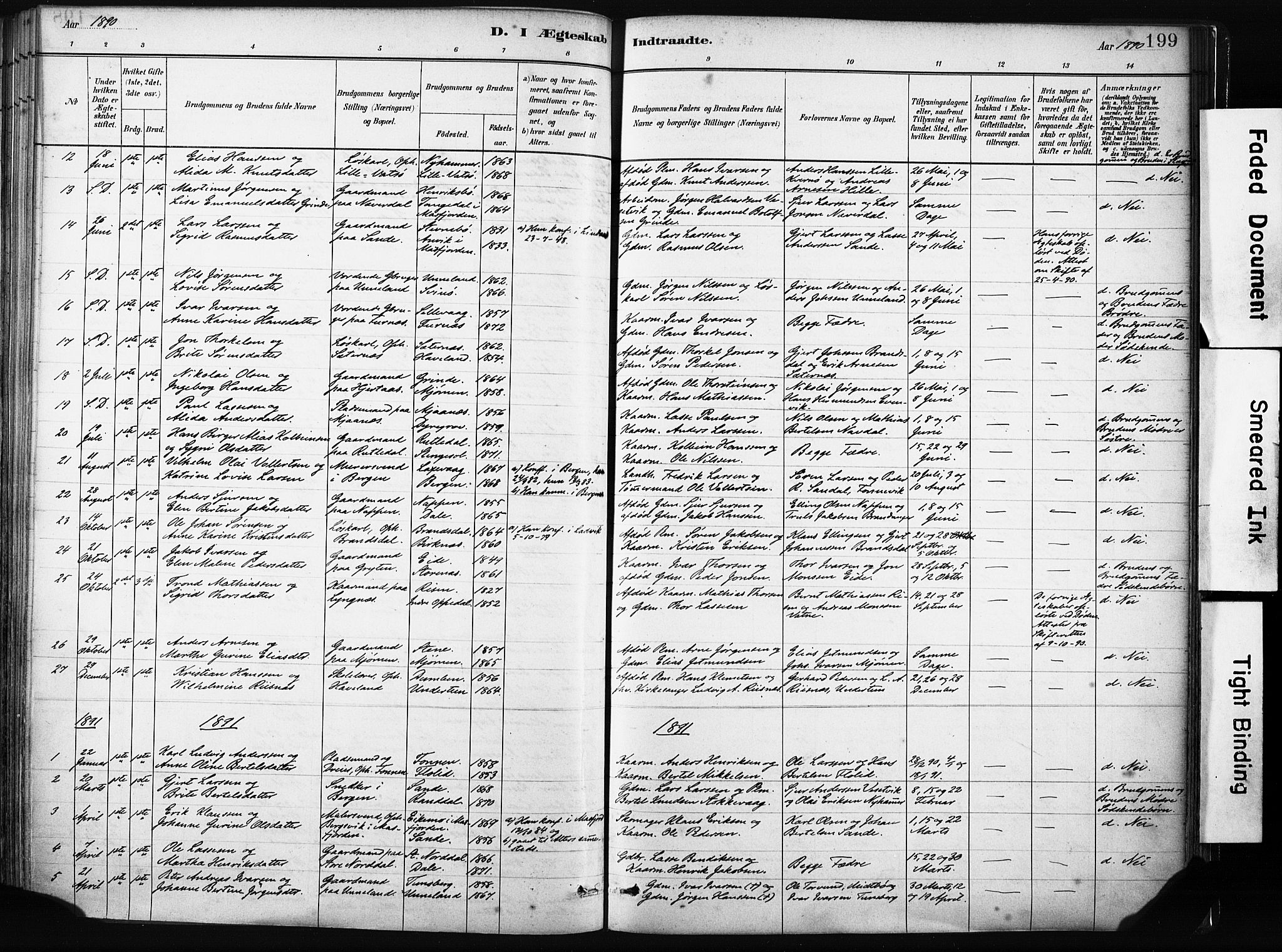 Gulen sokneprestembete, SAB/A-80201/H/Haa/Haab/L0001: Parish register (official) no. B 1, 1881-1905, p. 199