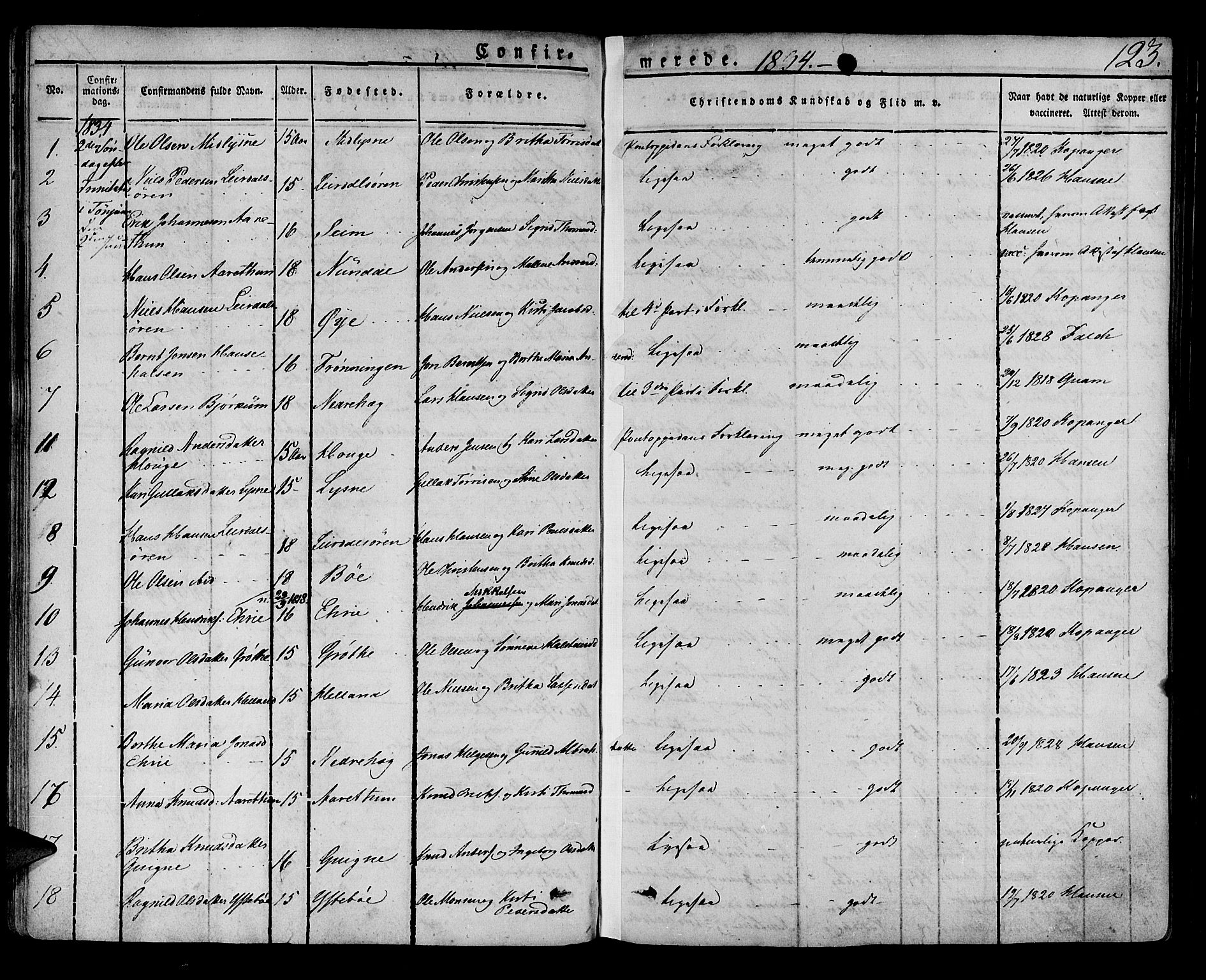 Lærdal sokneprestembete, AV/SAB-A-81201: Parish register (official) no. A 5, 1822-1834, p. 123