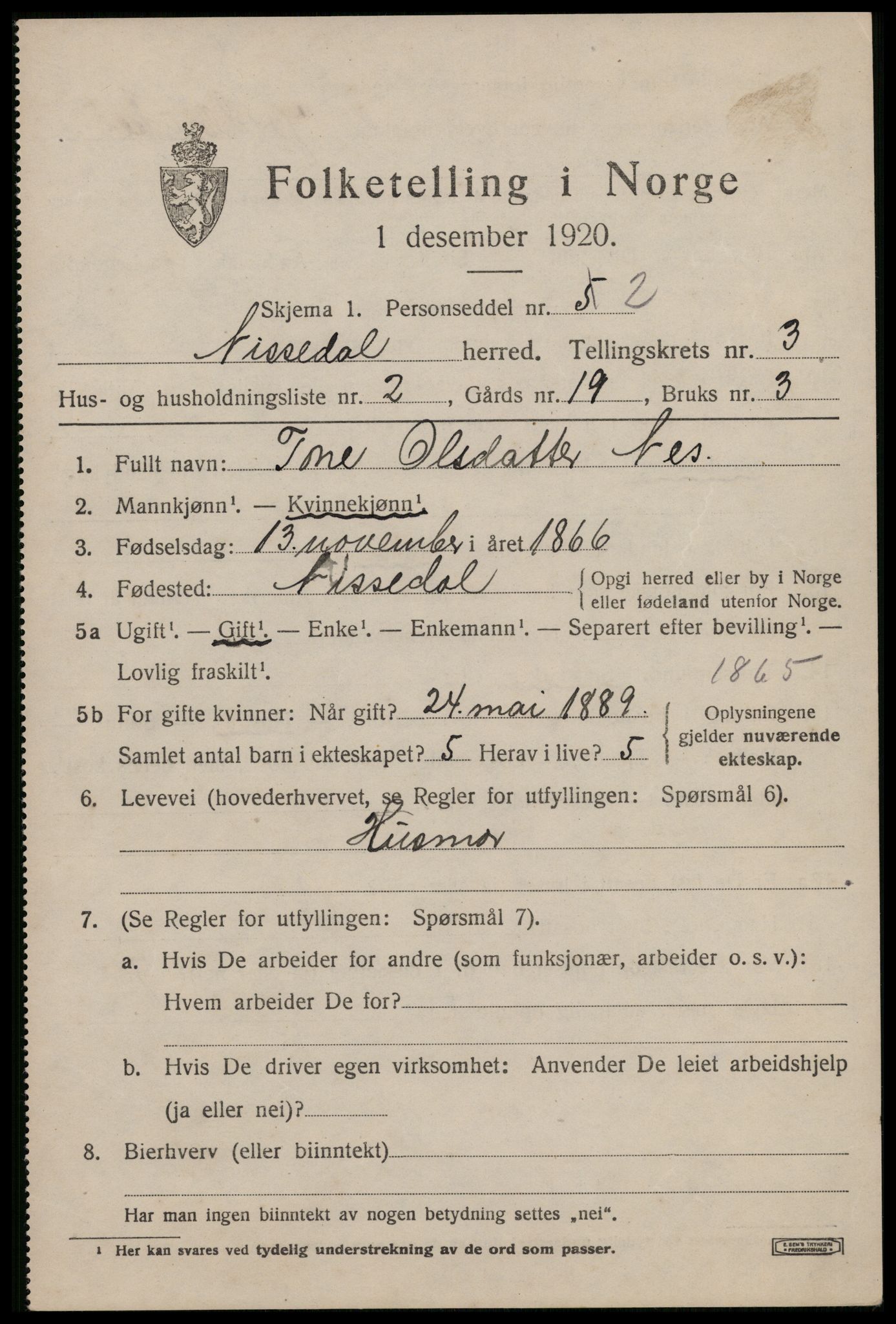 SAKO, 1920 census for Nissedal, 1920, p. 1511