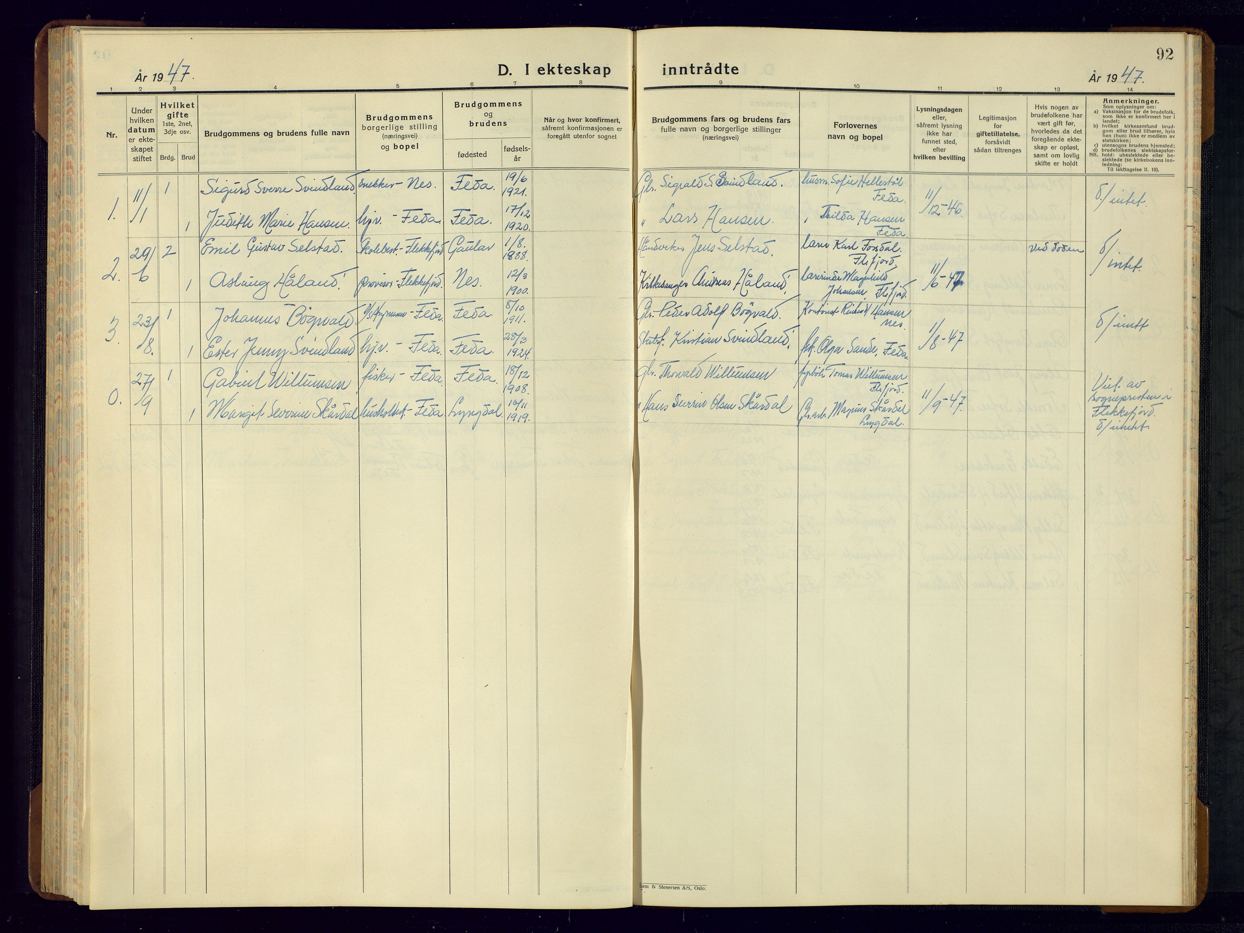 Kvinesdal sokneprestkontor, AV/SAK-1111-0026/F/Fb/Fba/L0006: Parish register (copy) no. B 6, 1935-1956, p. 92