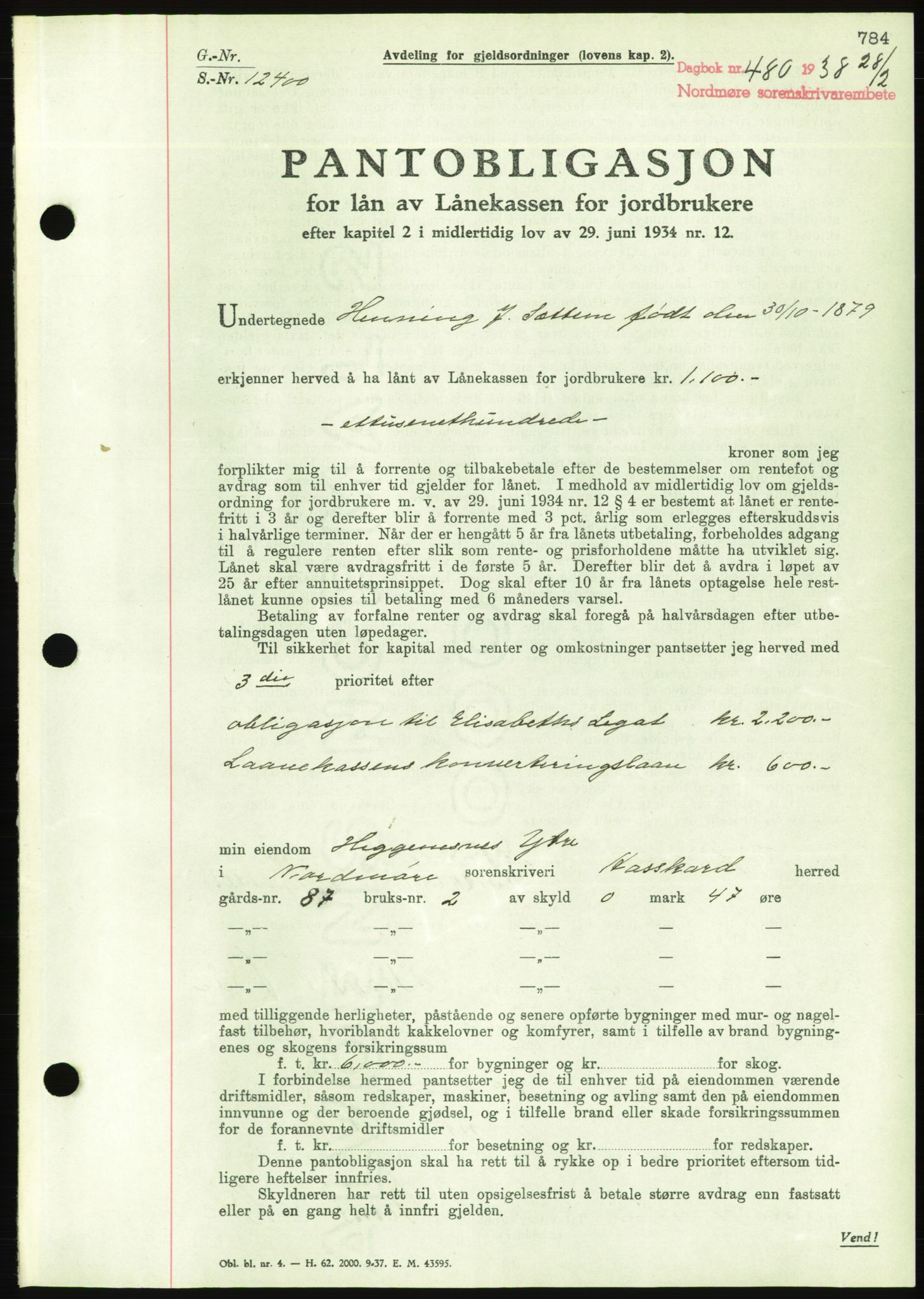 Nordmøre sorenskriveri, AV/SAT-A-4132/1/2/2Ca/L0092: Mortgage book no. B82, 1937-1938, Diary no: : 480/1938