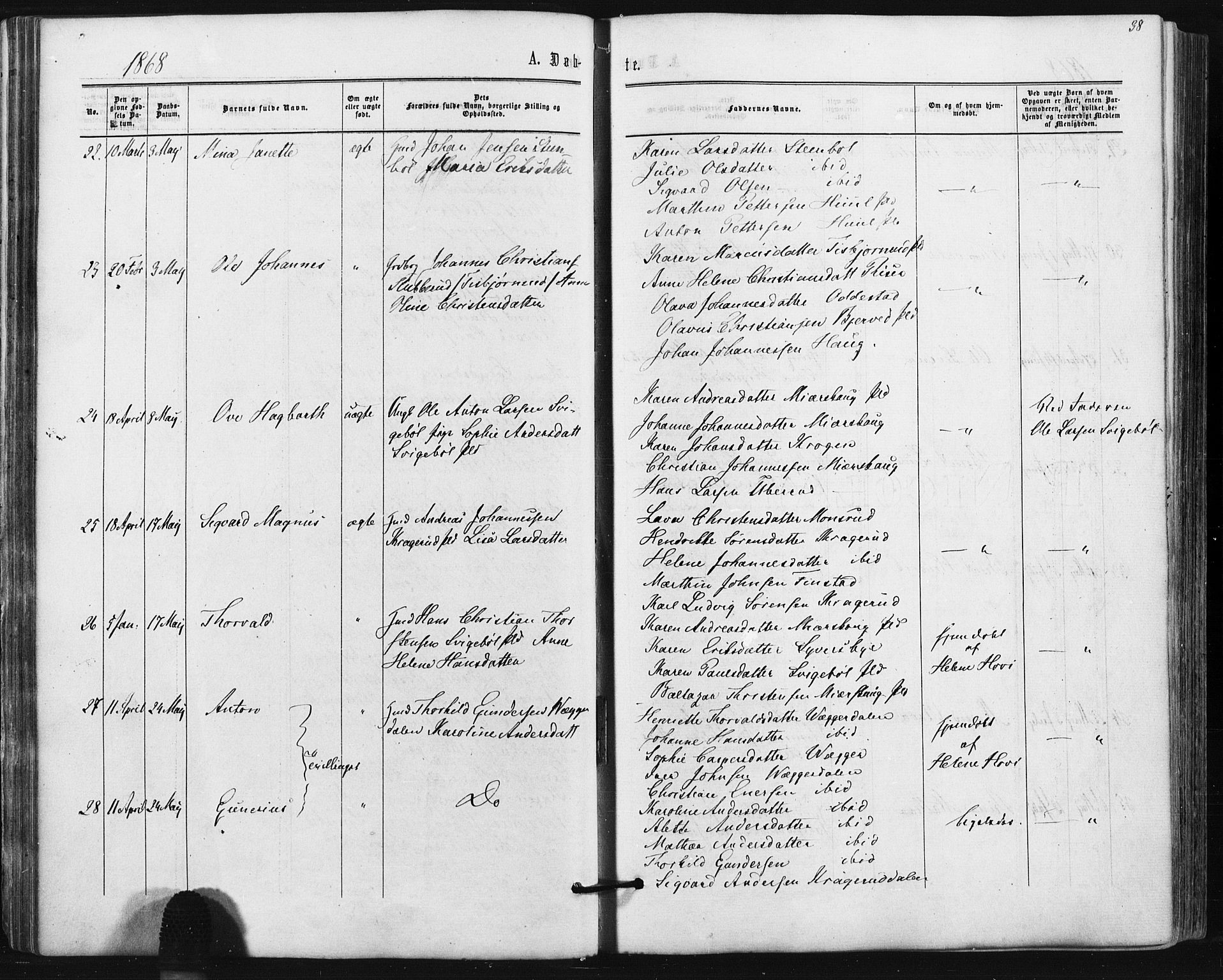 Hobøl prestekontor Kirkebøker, AV/SAO-A-2002/F/Fa/L0004: Parish register (official) no. I 4, 1865-1877, p. 38