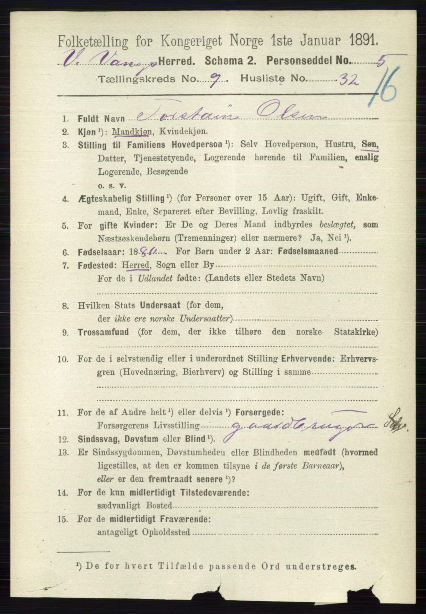 RA, 1891 census for 0545 Vang, 1891, p. 2140