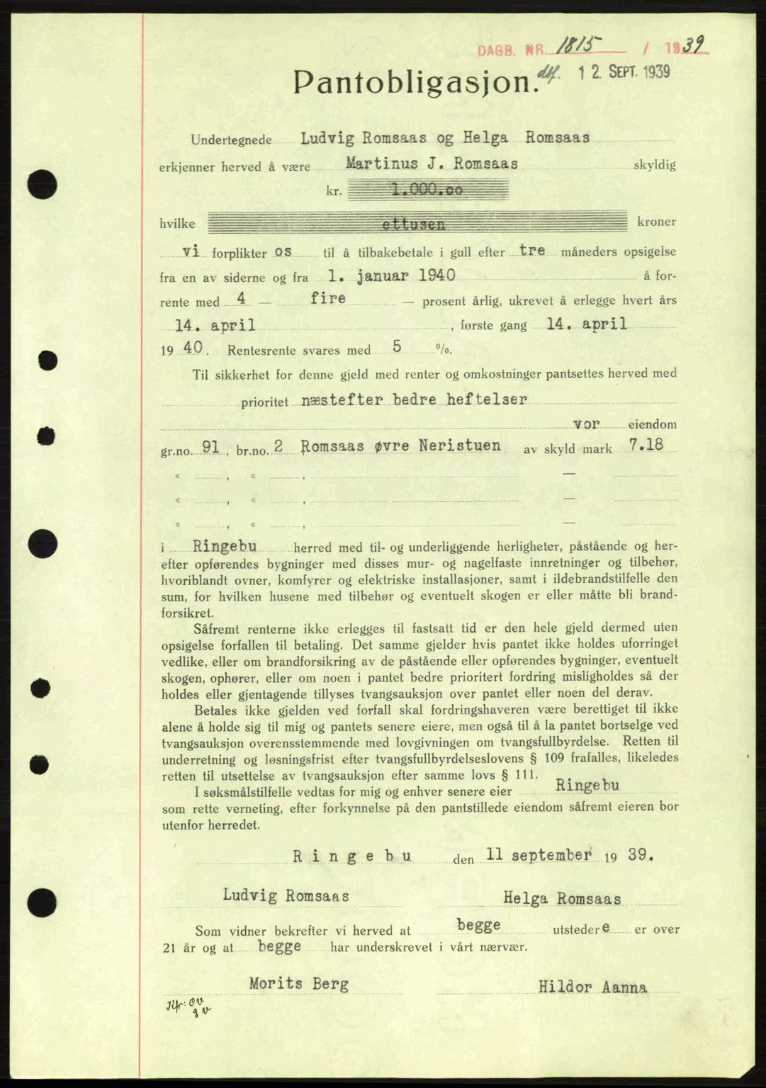 Sør-Gudbrandsdal tingrett, SAH/TING-004/H/Hb/Hbe/L0001: Mortgage book no. B1, 1936-1939, Diary no: : 1815/1939