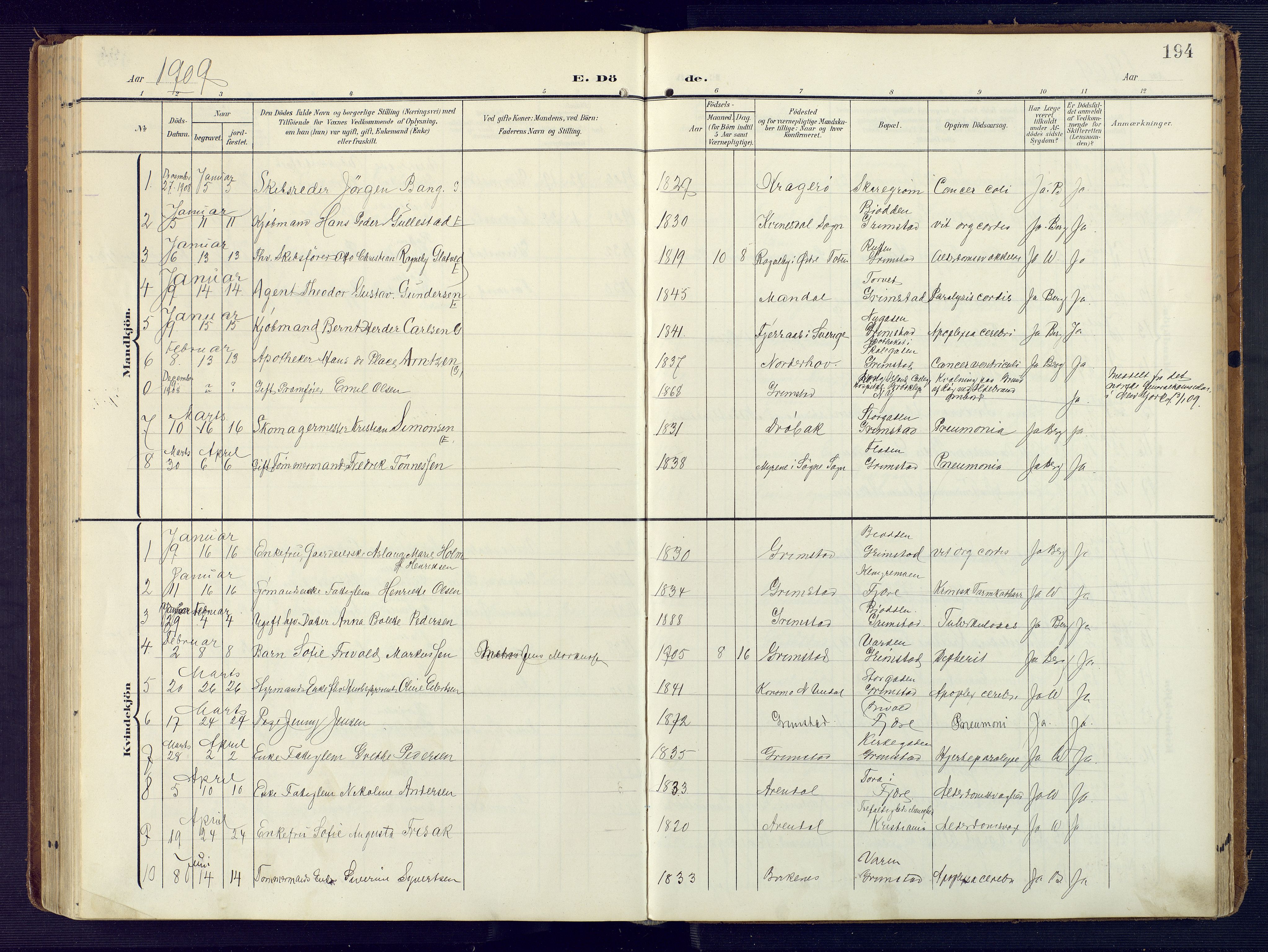 Grimstad sokneprestkontor, SAK/1111-0017/F/Fa/L0005: Parish register (official) no. A 4, 1911-1924, p. 194