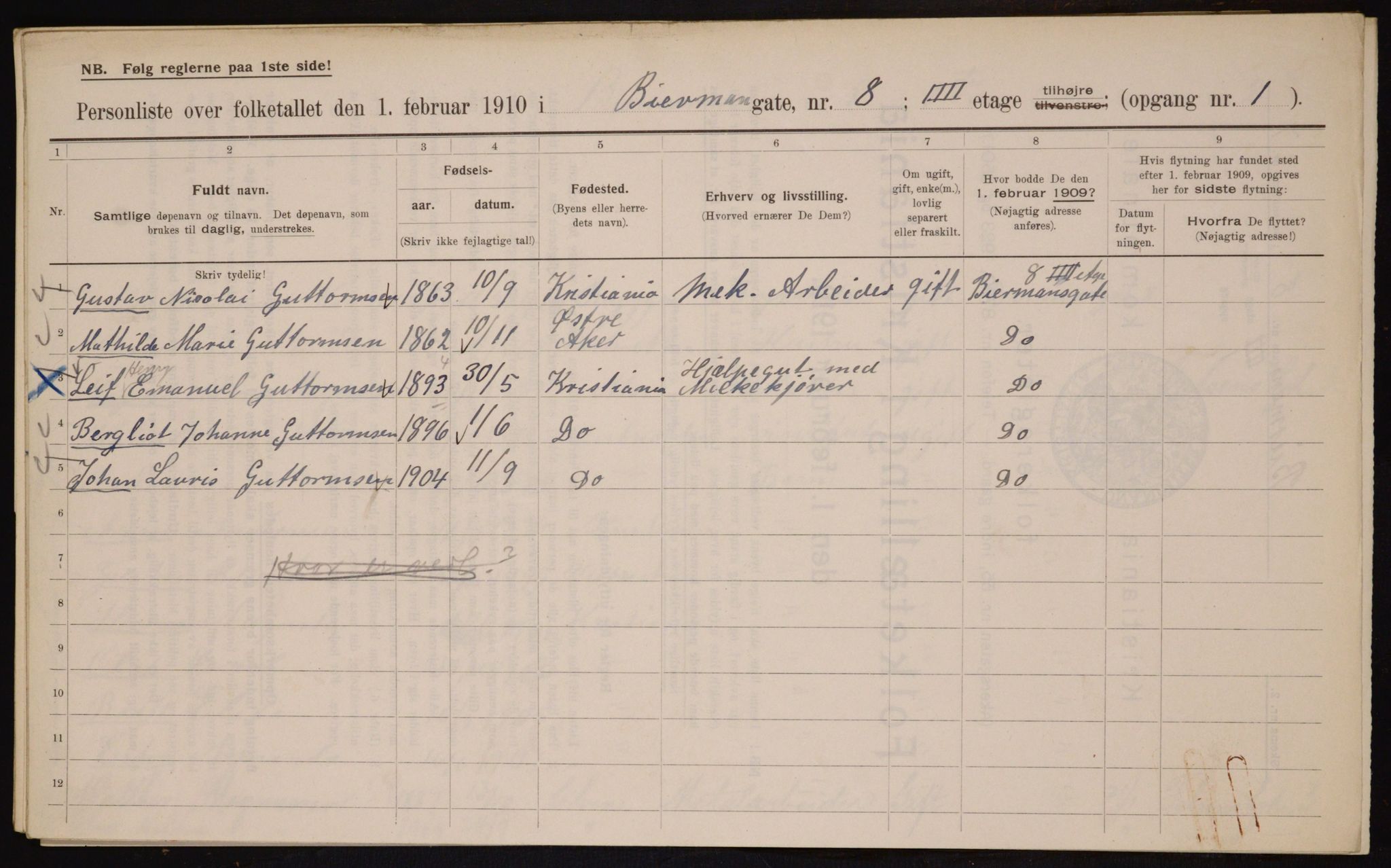 OBA, Municipal Census 1910 for Kristiania, 1910, p. 4620