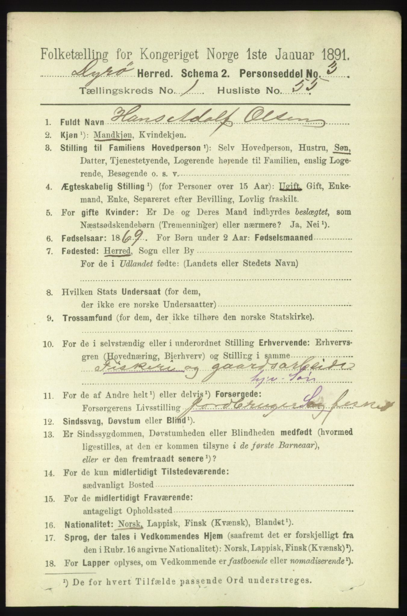 RA, 1891 census for 1926 Dyrøy, 1891, p. 405