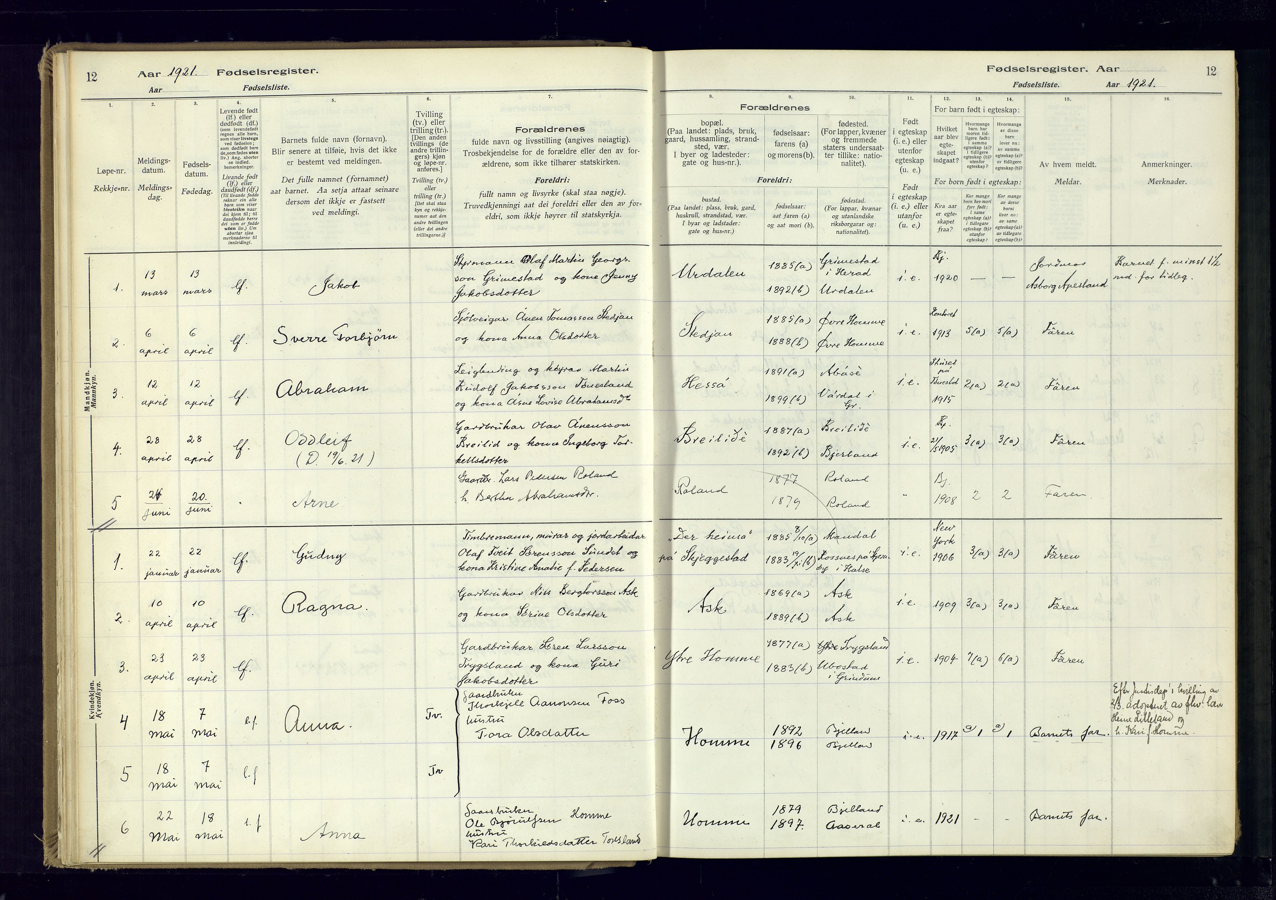 Bjelland sokneprestkontor, AV/SAK-1111-0005/J/Ja/L0001: Birth register no. II.4.2, 1916-1982, p. 12