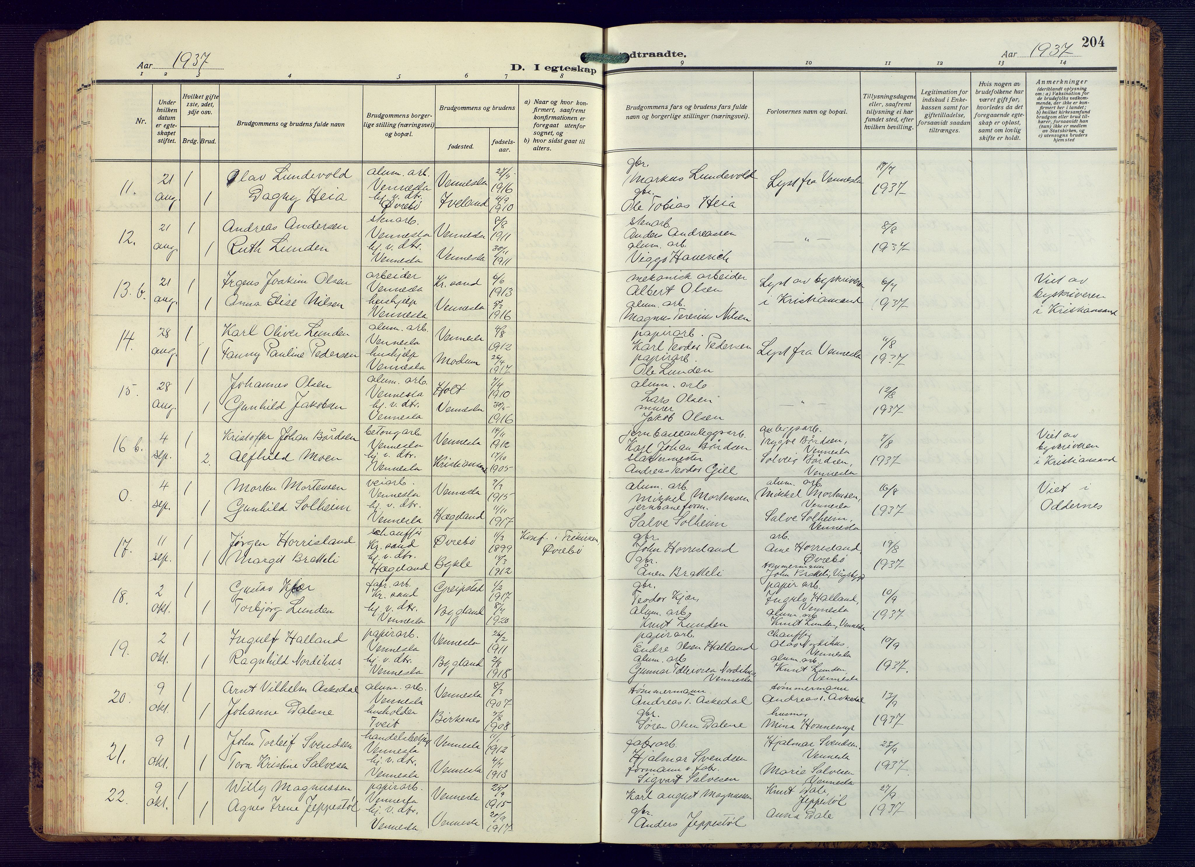 Vennesla sokneprestkontor, AV/SAK-1111-0045/Fb/Fbb/L0008: Parish register (copy) no. B 8, 1934-1947, p. 204