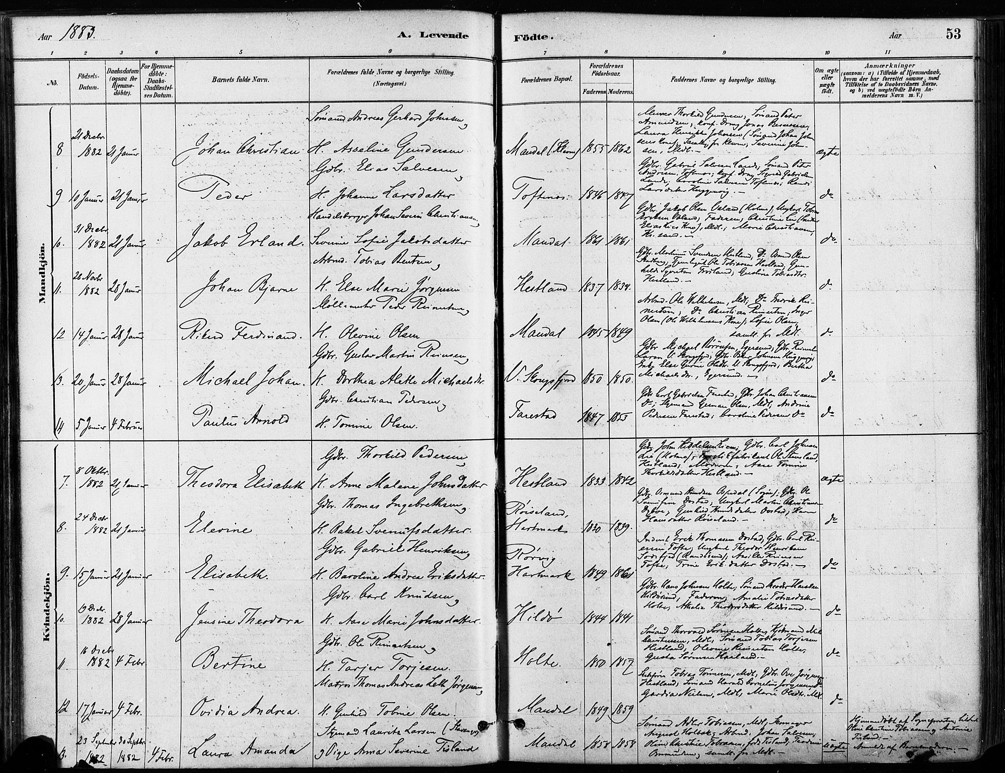 Mandal sokneprestkontor, AV/SAK-1111-0030/F/Fa/Faa/L0016: Parish register (official) no. A 16, 1880-1890, p. 53