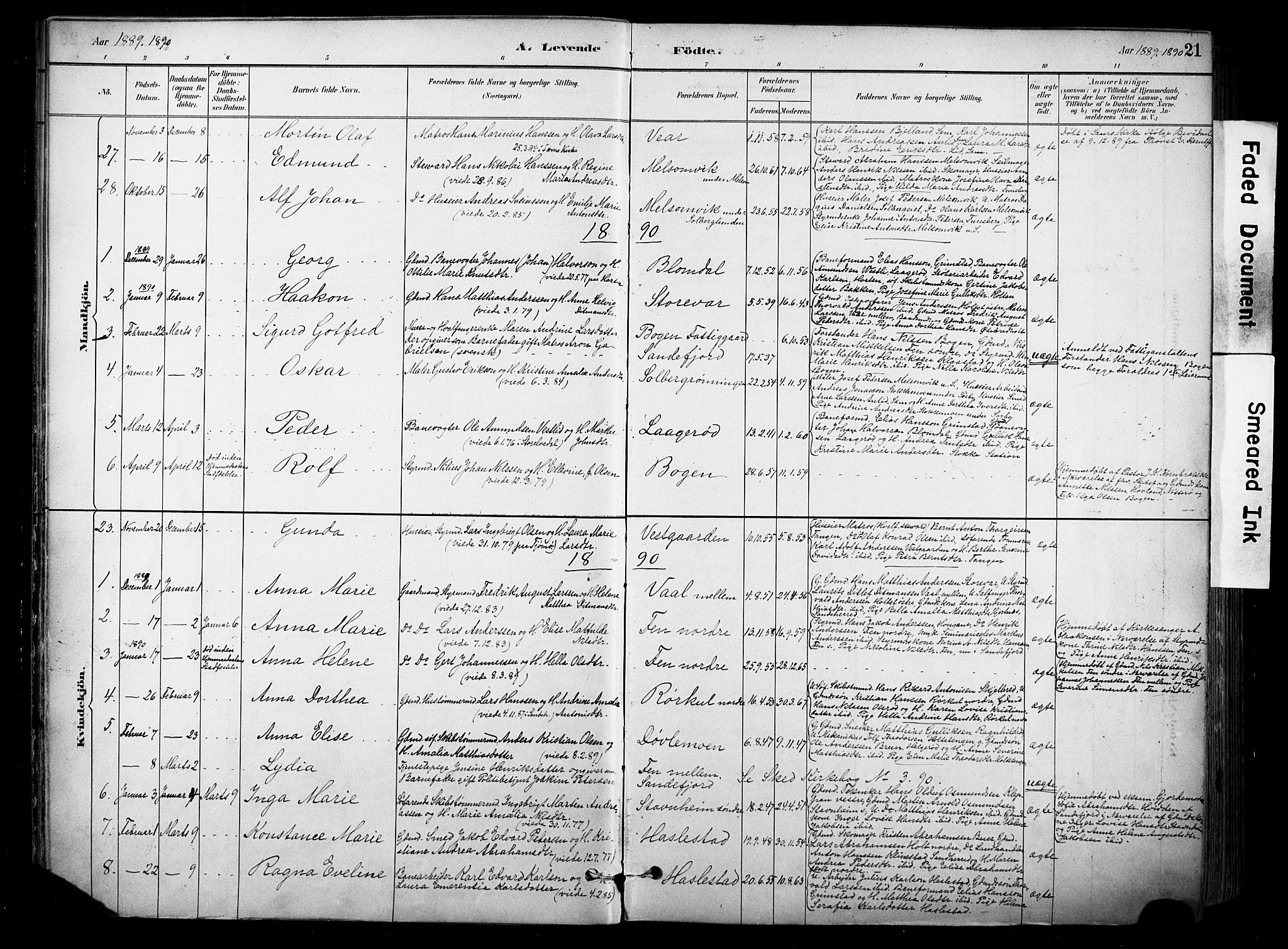 Stokke kirkebøker, AV/SAKO-A-320/F/Fa/L0010: Parish register (official) no. I 10, 1884-1903, p. 21