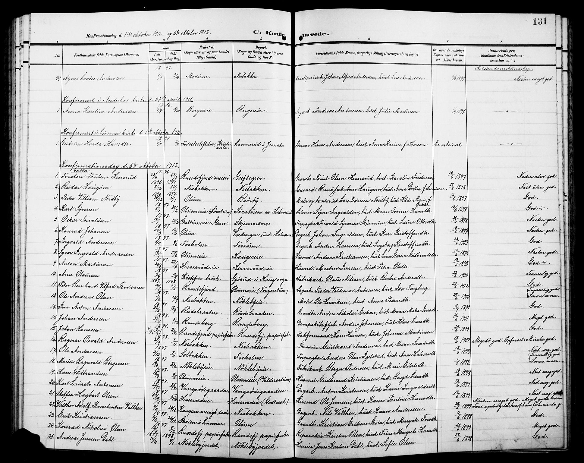 Jevnaker prestekontor, SAH/PREST-116/H/Ha/Hab/L0004: Parish register (copy) no. 4, 1907-1918, p. 131