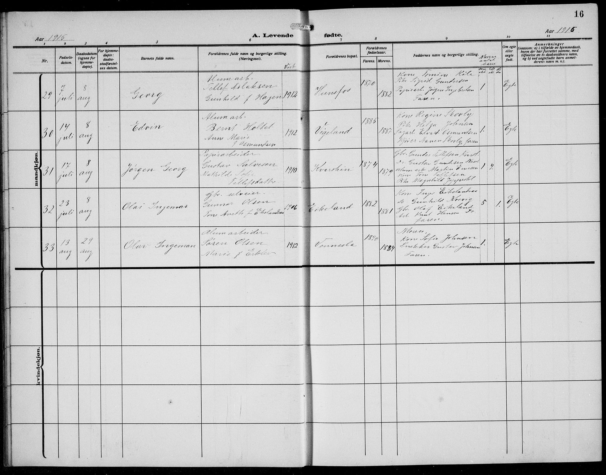 Vennesla sokneprestkontor, AV/SAK-1111-0045/Fb/Fbb/L0006: Parish register (copy) no. B 6, 1914-1921, p. 16