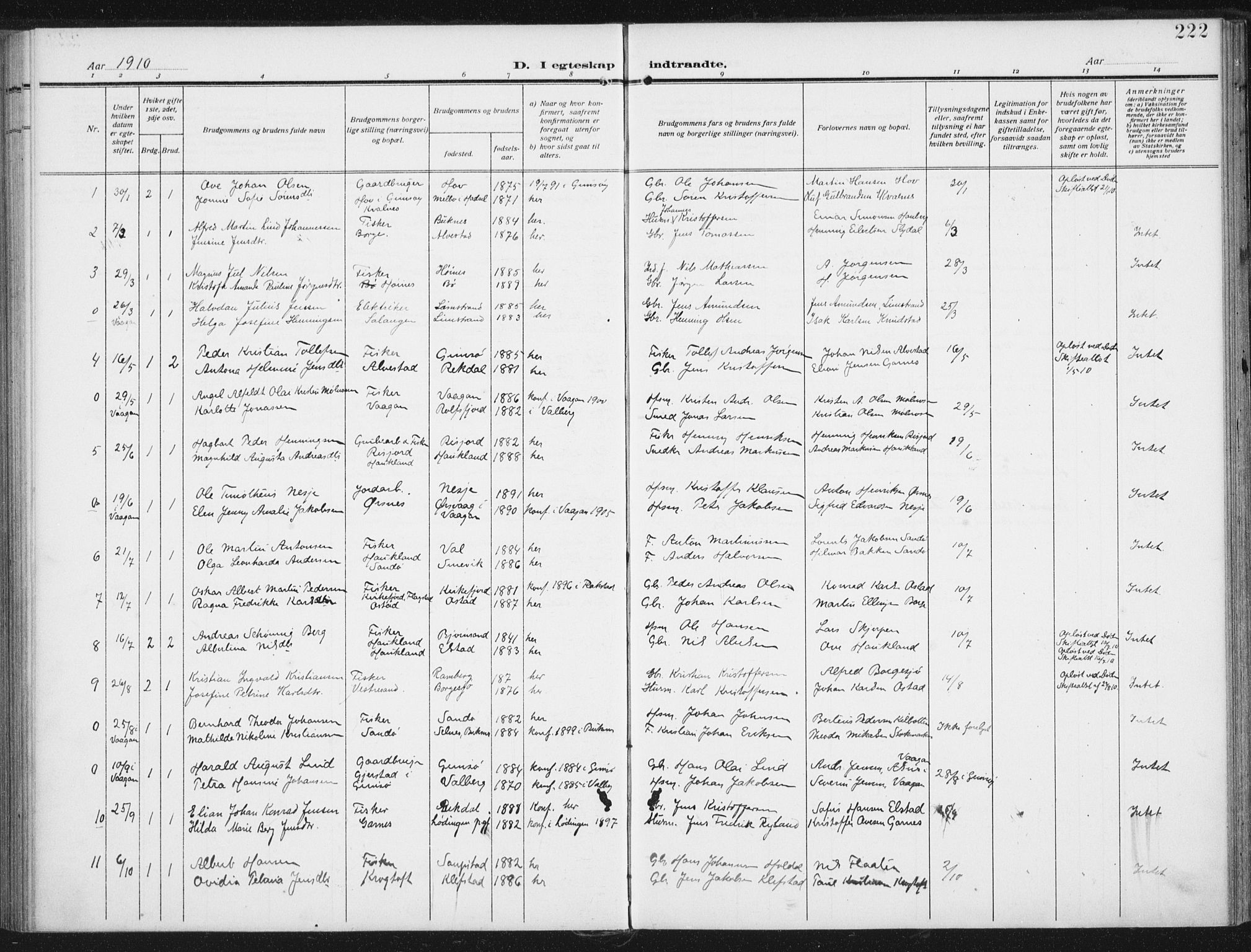 Ministerialprotokoller, klokkerbøker og fødselsregistre - Nordland, AV/SAT-A-1459/880/L1135: Parish register (official) no. 880A09, 1908-1919, p. 222