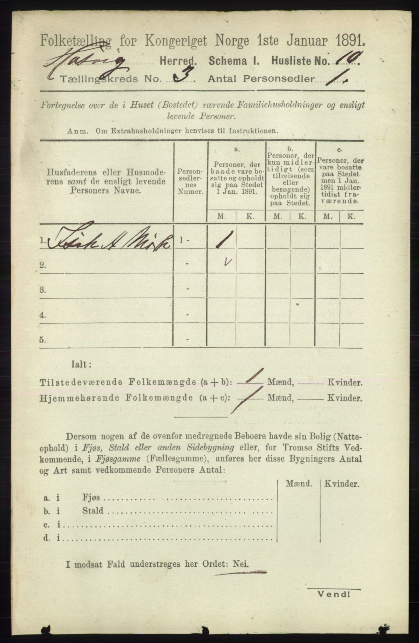 RA, 1891 census for 2015 Hasvik, 1891, p. 398