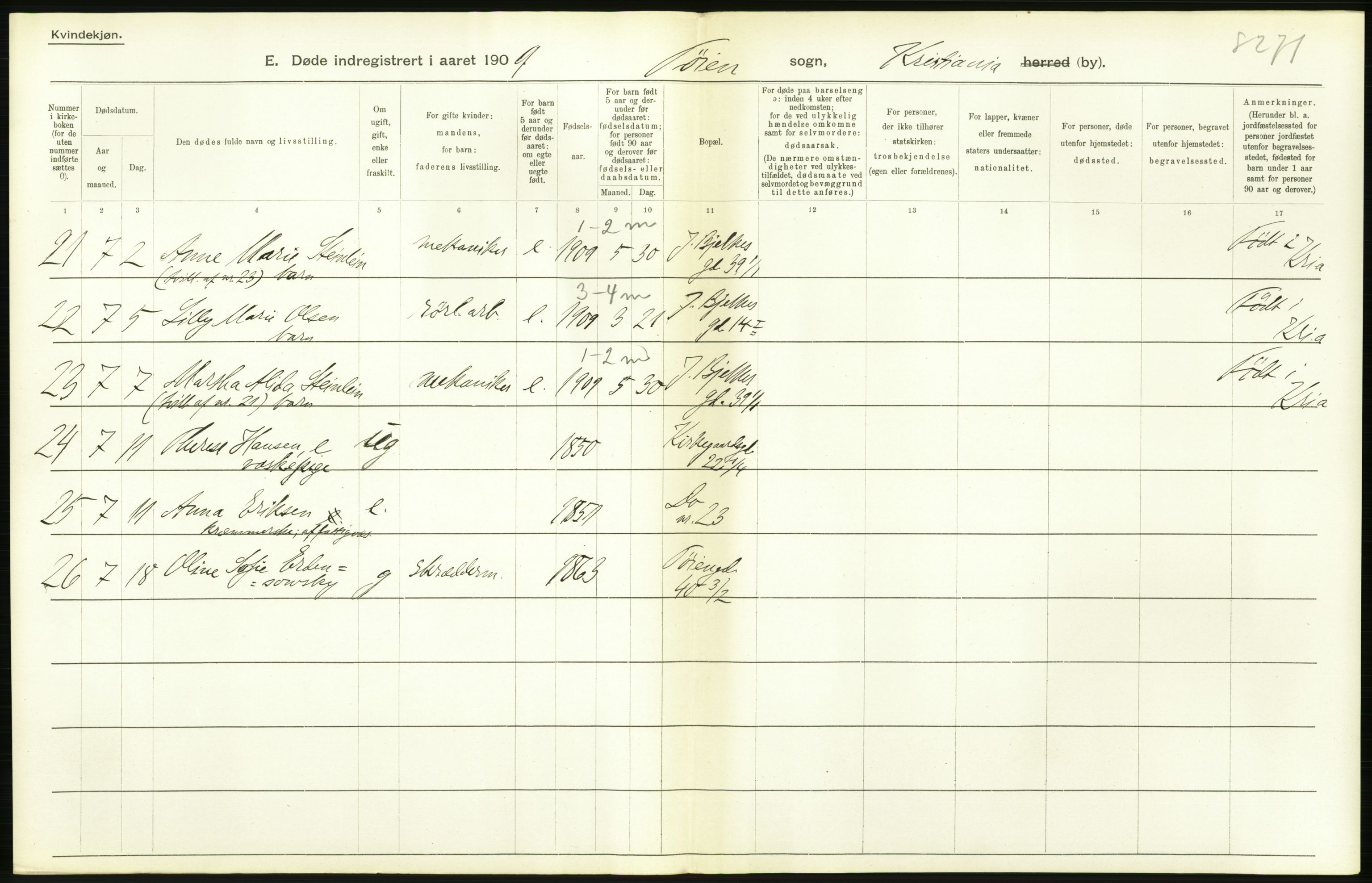 Statistisk sentralbyrå, Sosiodemografiske emner, Befolkning, AV/RA-S-2228/D/Df/Dfa/Dfag/L0010: Kristiania: Døde, dødfødte., 1909, p. 154