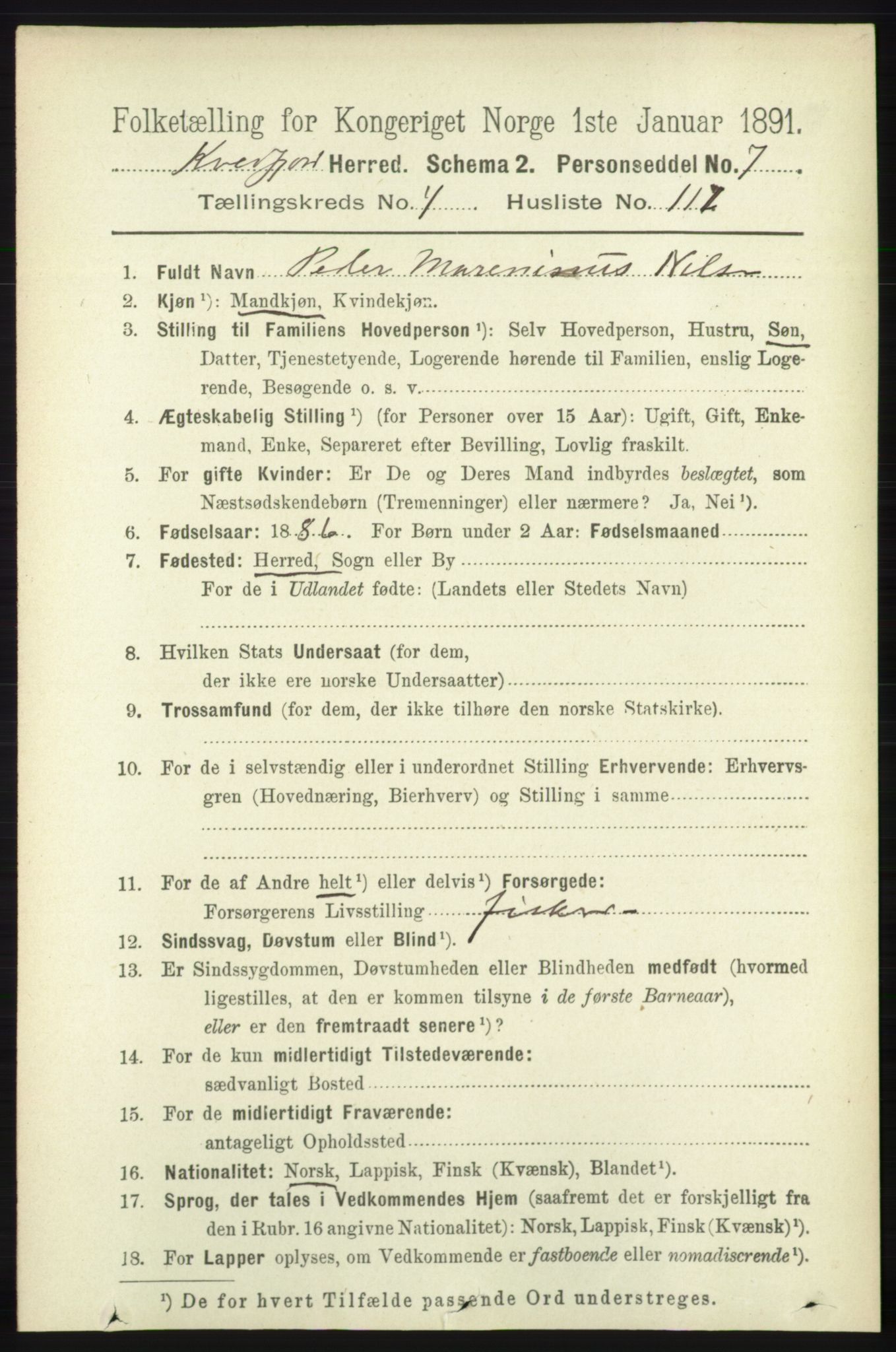 RA, 1891 census for 1911 Kvæfjord, 1891, p. 2645