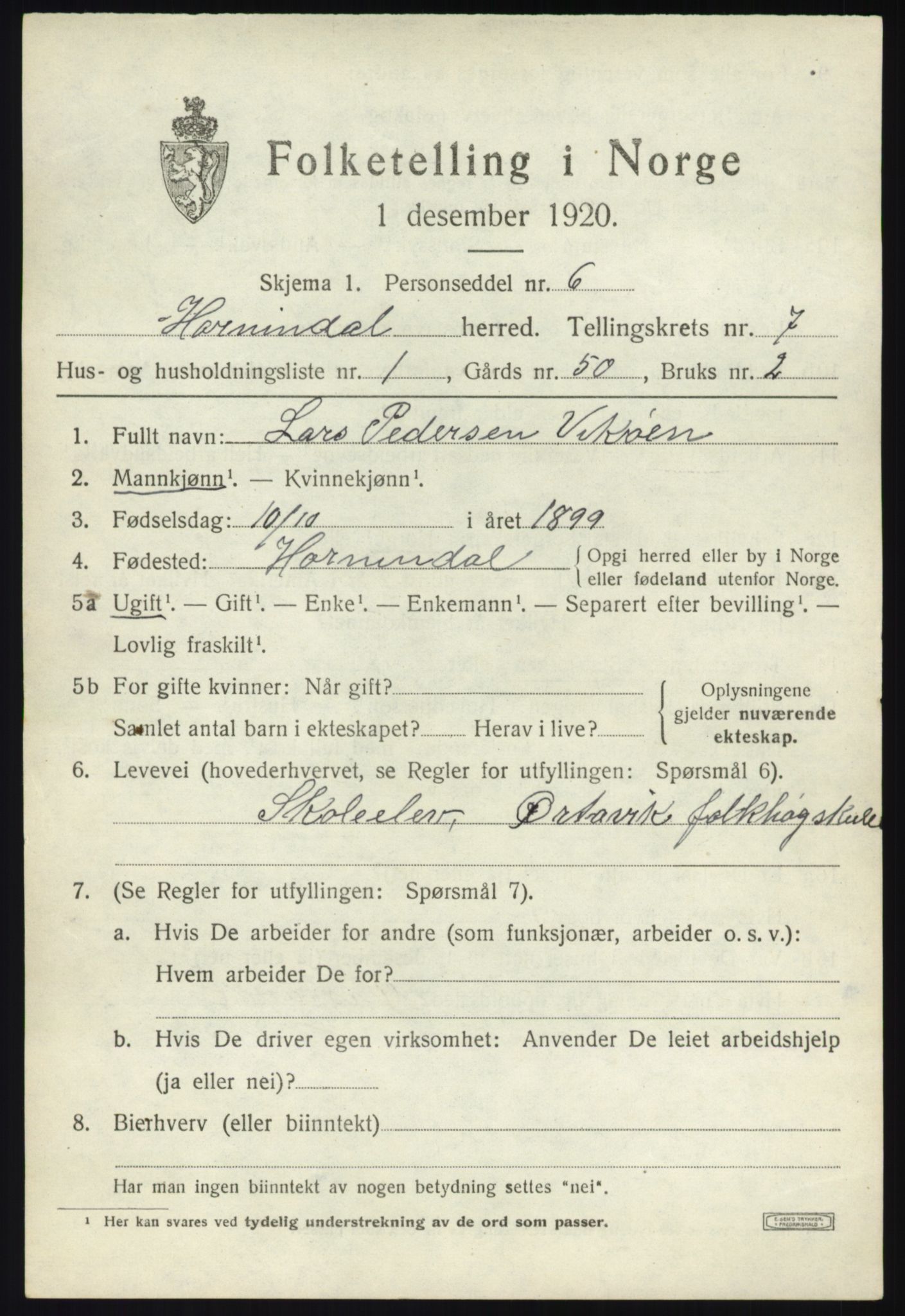 SAB, 1920 census for Hornindal, 1920, p. 3424