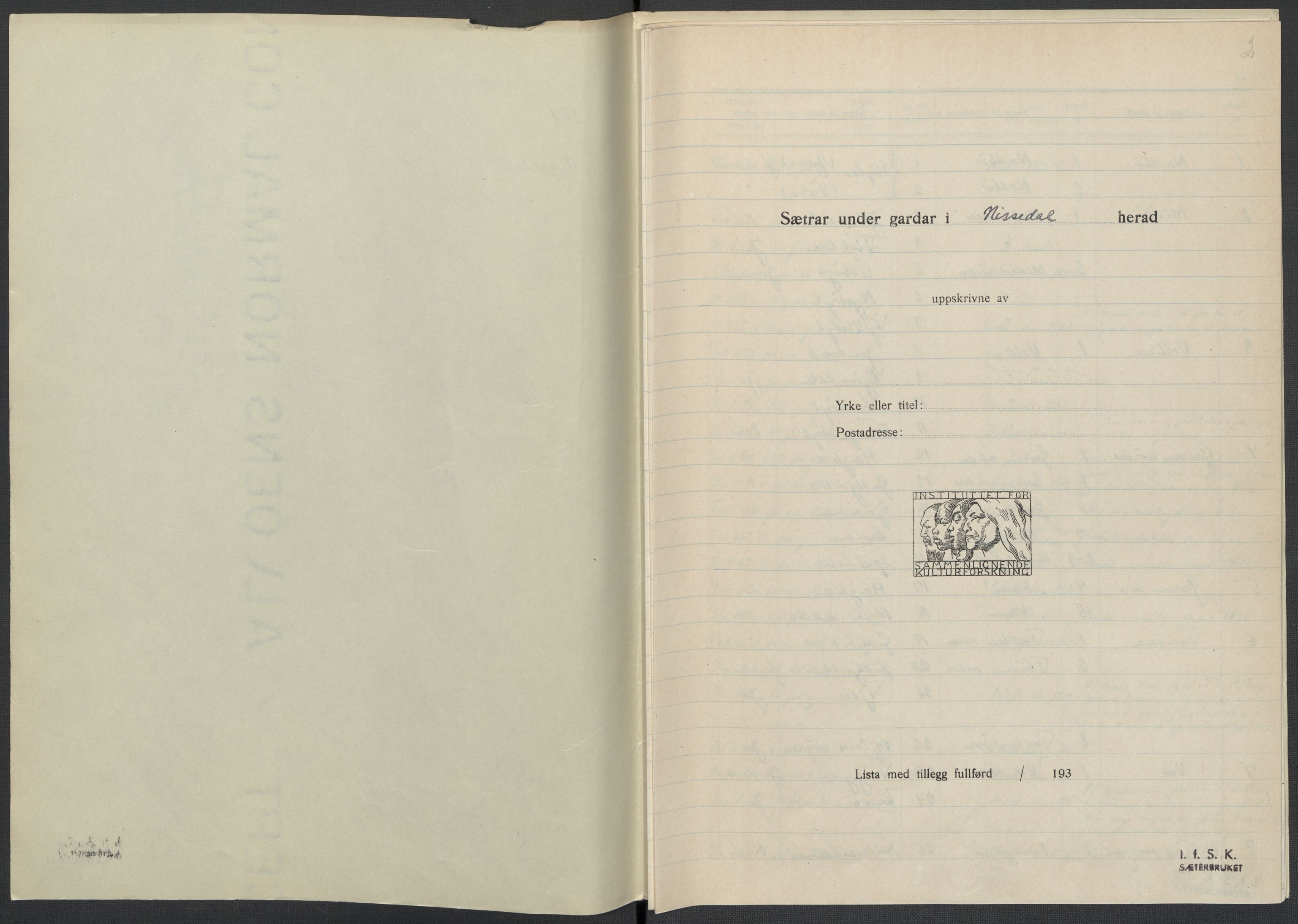 Instituttet for sammenlignende kulturforskning, AV/RA-PA-0424/F/Fc/L0007/0003: Eske B7: / Telemark (perm XVIII), 1934, p. 2