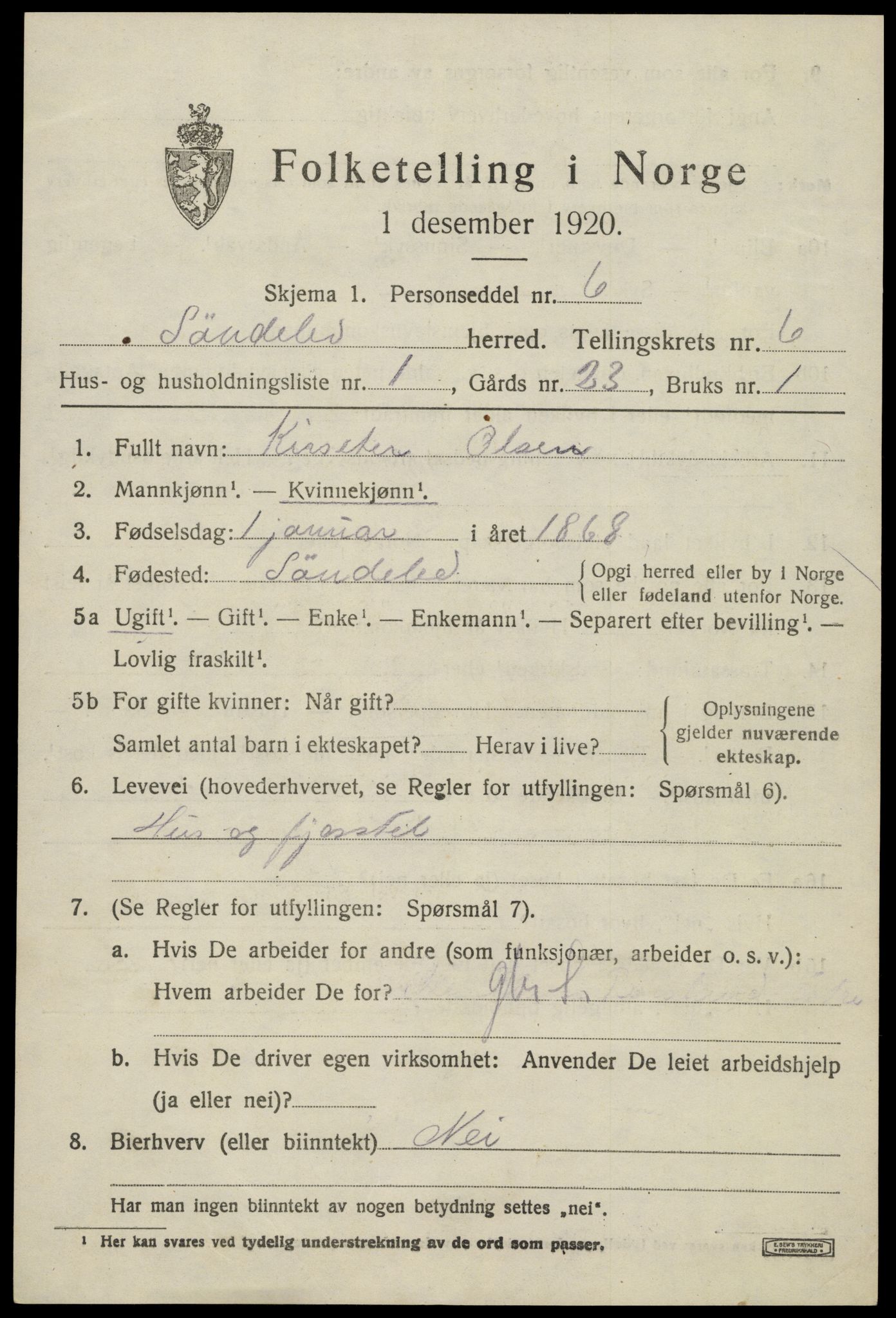 SAK, 1920 census for Søndeled, 1920, p. 3705