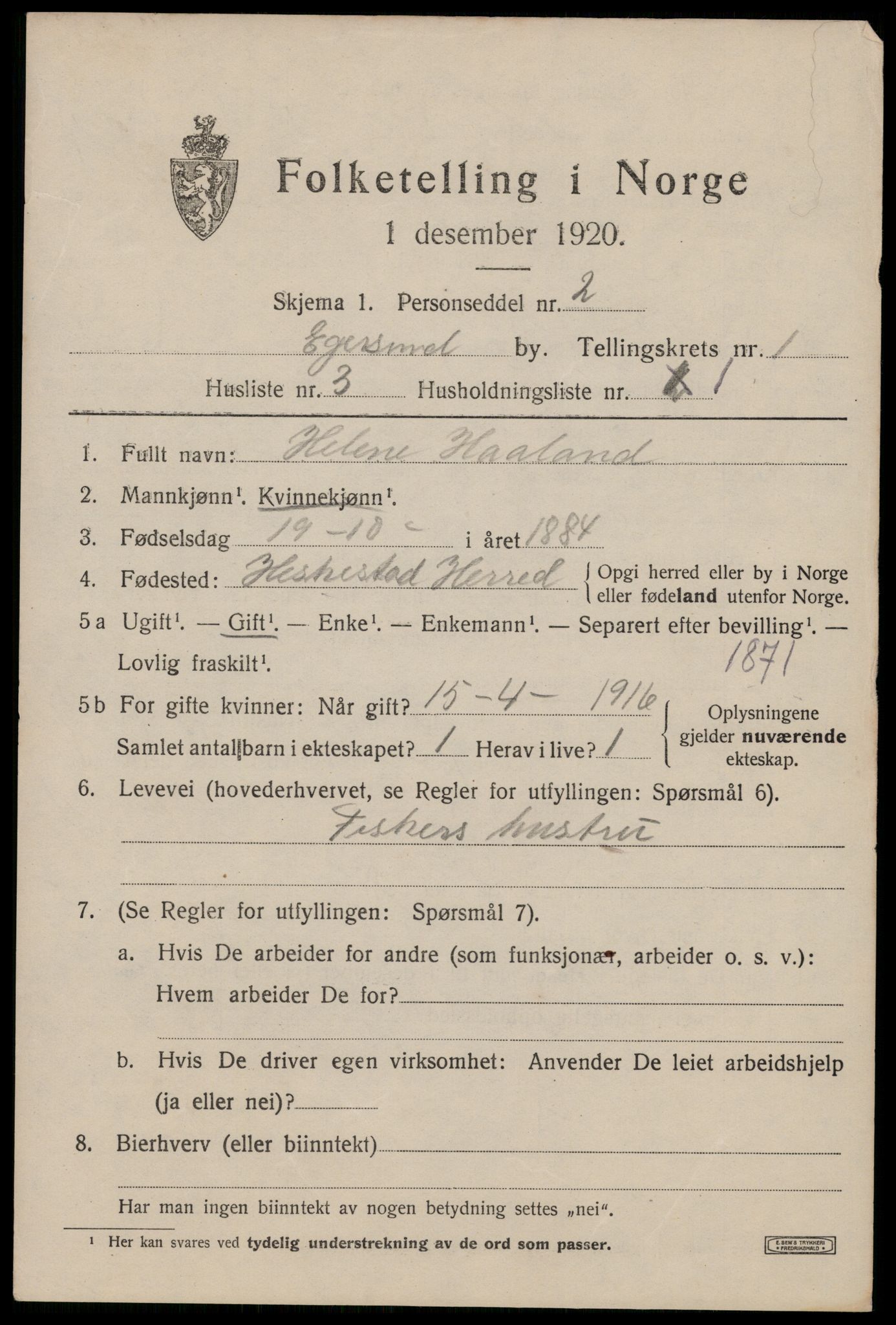 SAST, 1920 census for Egersund town, 1920, p. 2770