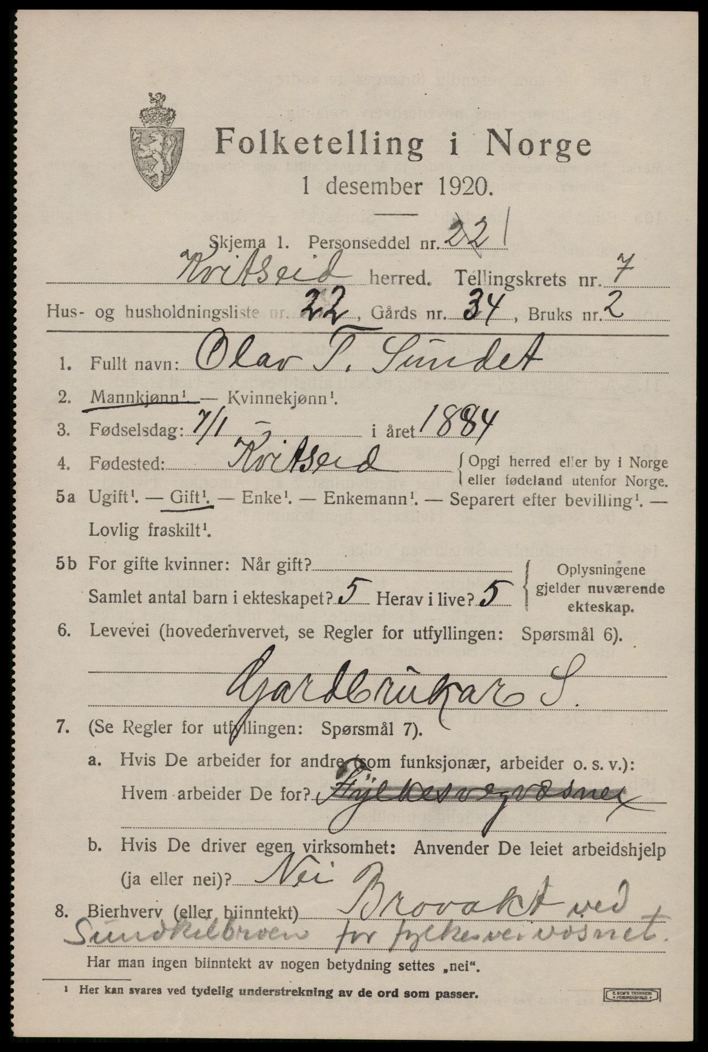 SAKO, 1920 census for Kviteseid, 1920, p. 3705