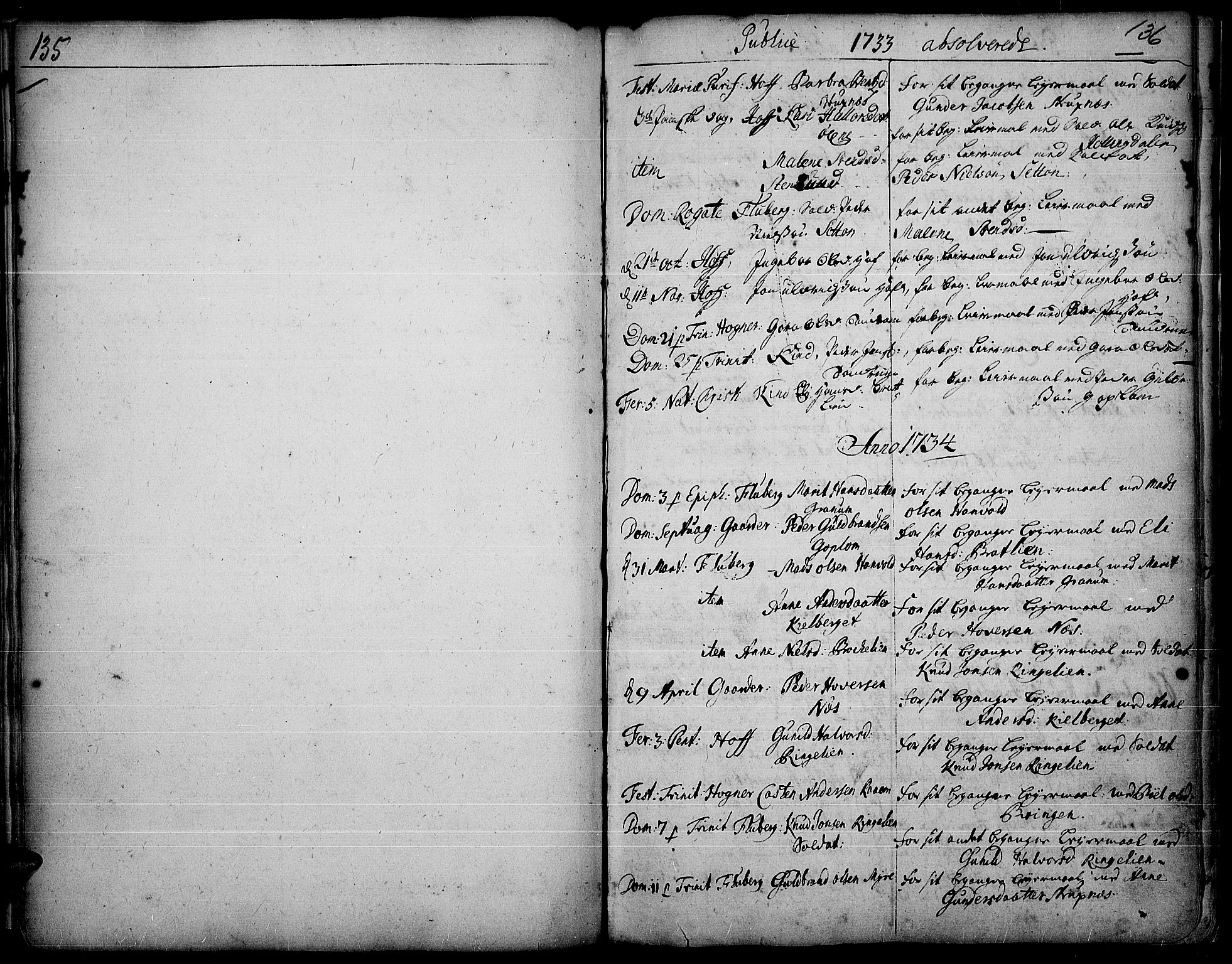 Land prestekontor, AV/SAH-PREST-120/H/Ha/Haa/L0003: Parish register (official) no. 3, 1733-1764, p. 135-136