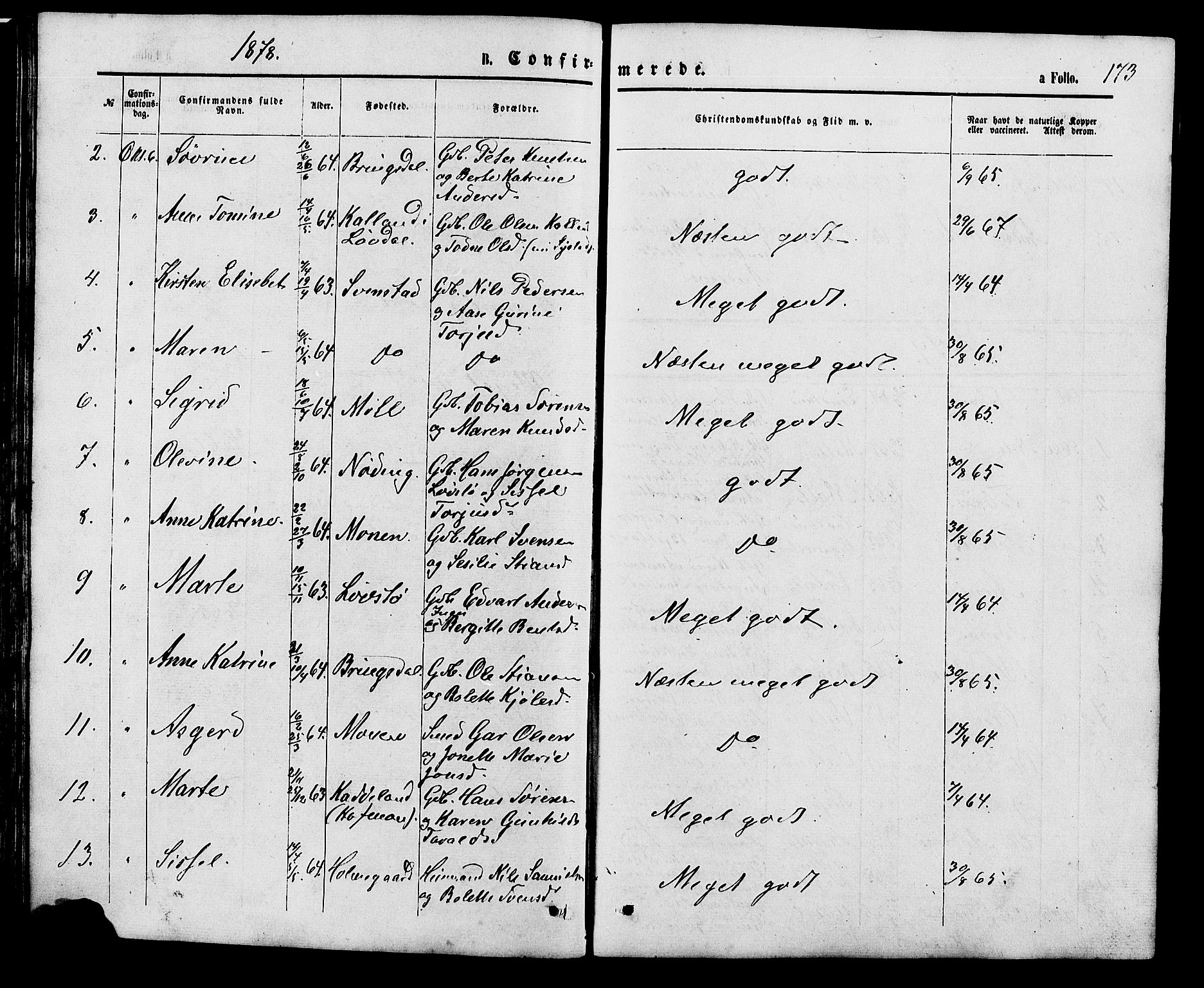 Holum sokneprestkontor, AV/SAK-1111-0022/F/Fb/Fba/L0004: Parish register (copy) no. B 4, 1867-1890, p. 173