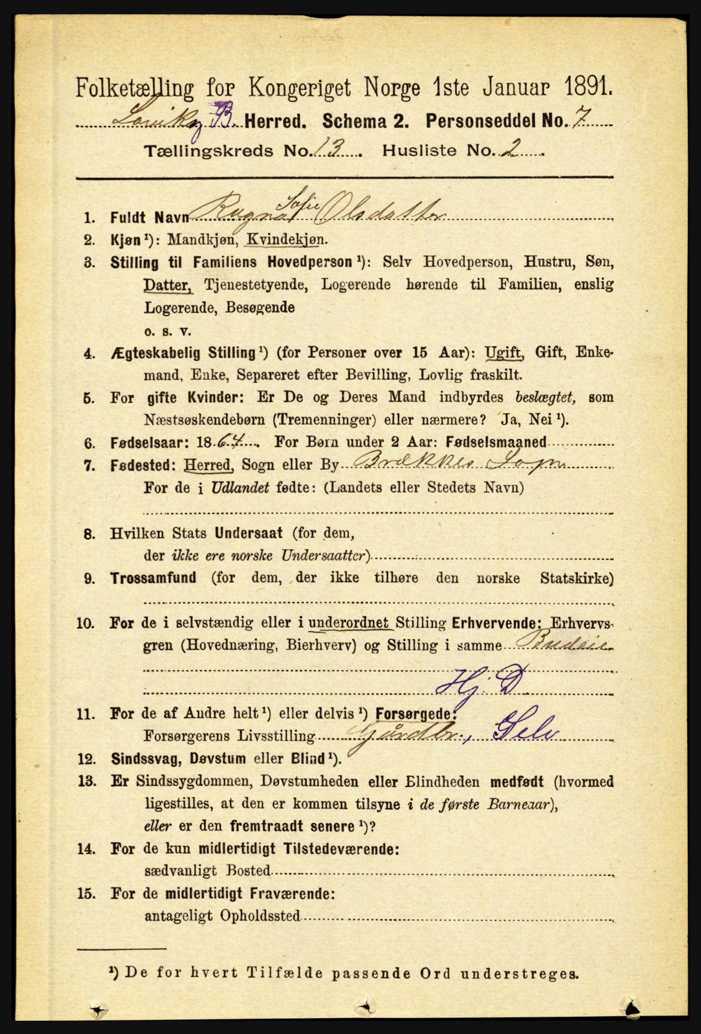 RA, 1891 census for 1415 Lavik og Brekke, 1891, p. 2530