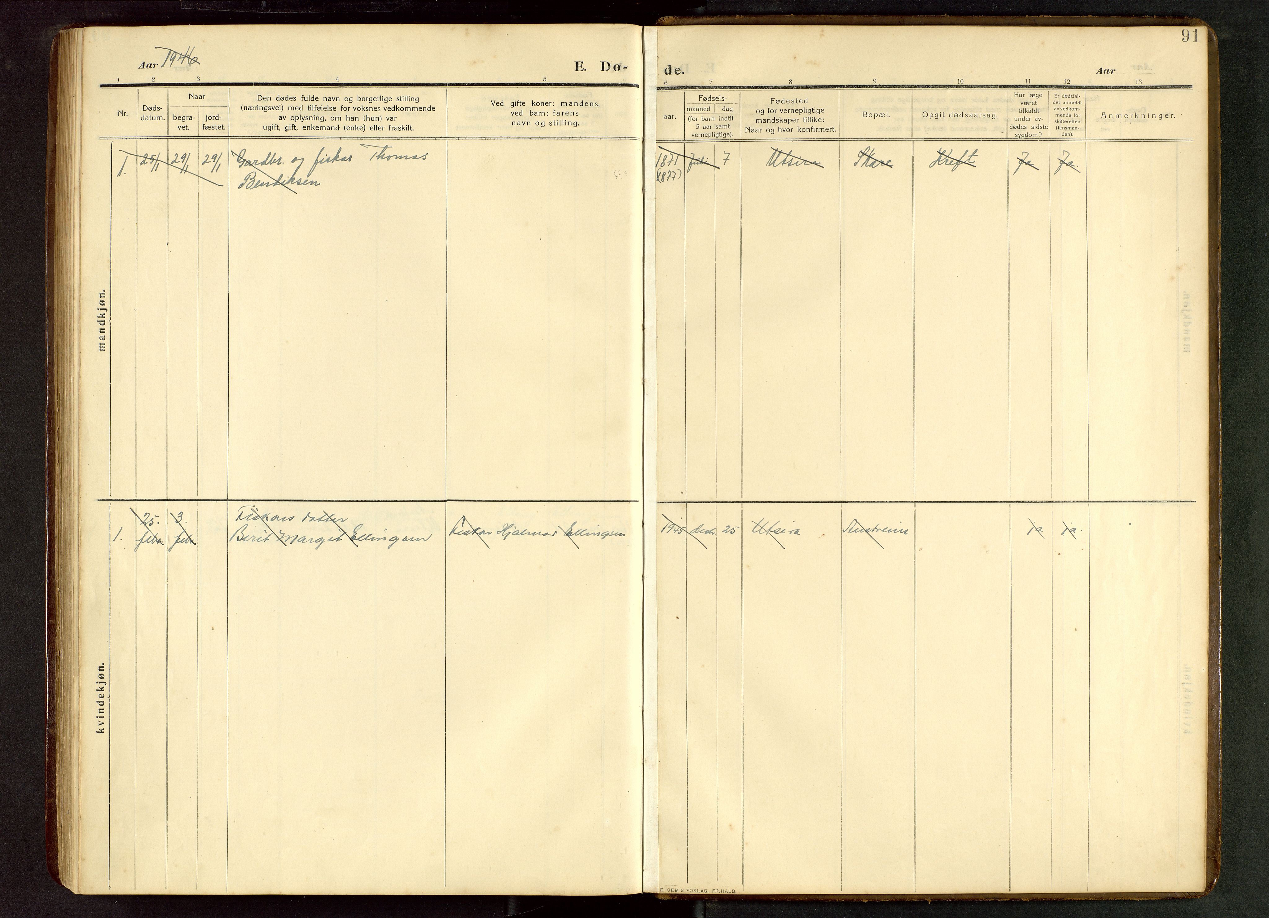 Torvastad sokneprestkontor, SAST/A -101857/H/Ha/Hab/L0012: Parish register (copy) no. B 12, 1909-1945, p. 91