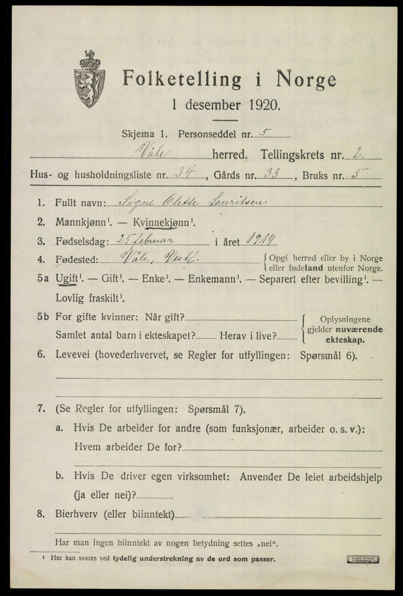 SAKO, 1920 census for Våle, 1920, p. 2290