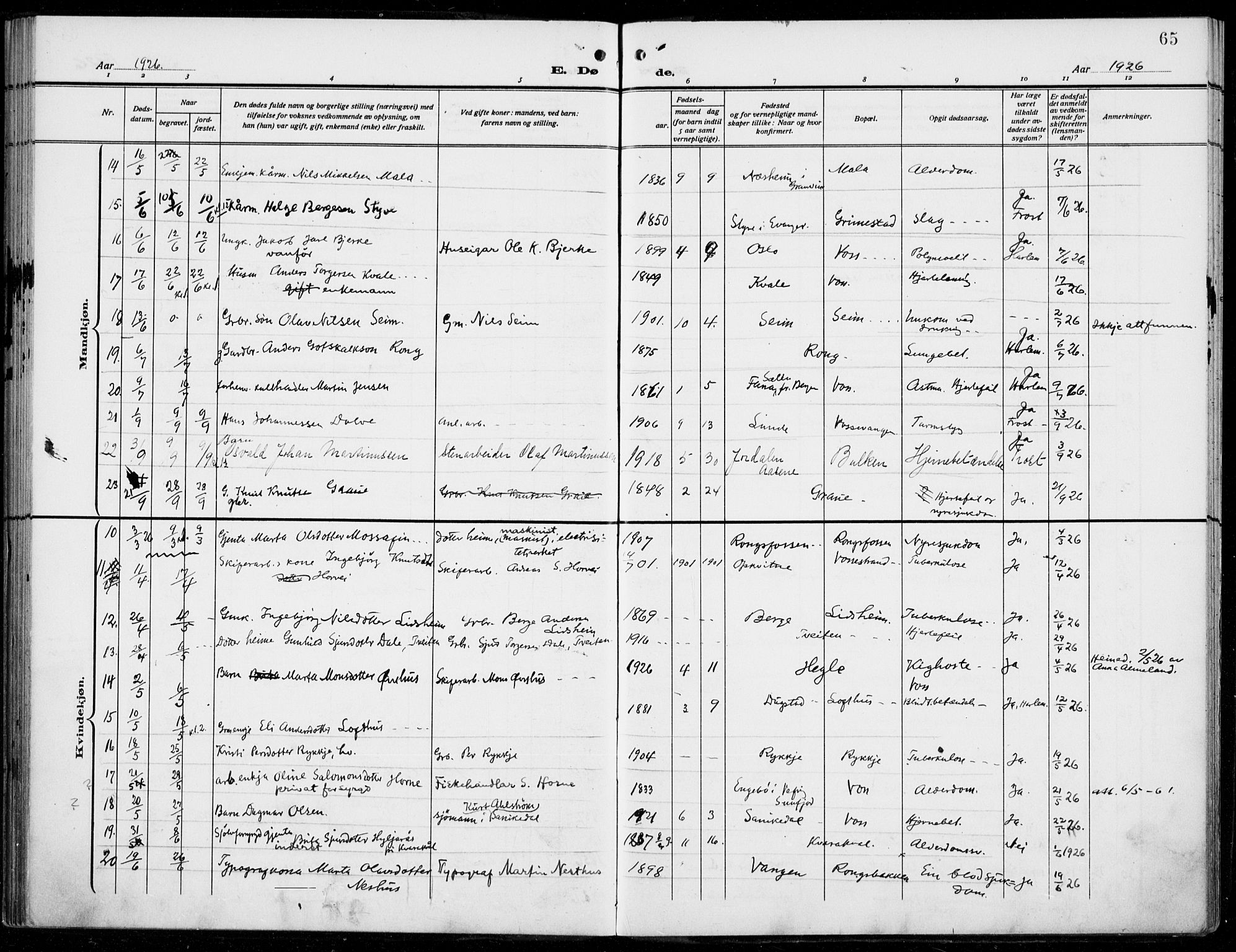 Voss sokneprestembete, AV/SAB-A-79001/H/Haa: Parish register (official) no. D  2, 1910-1932, p. 65