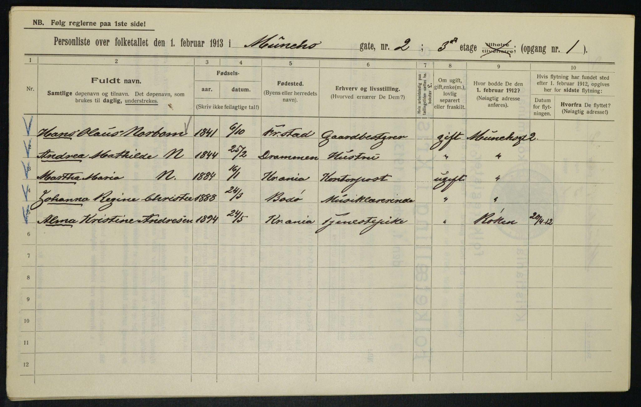 OBA, Municipal Census 1913 for Kristiania, 1913, p. 66559