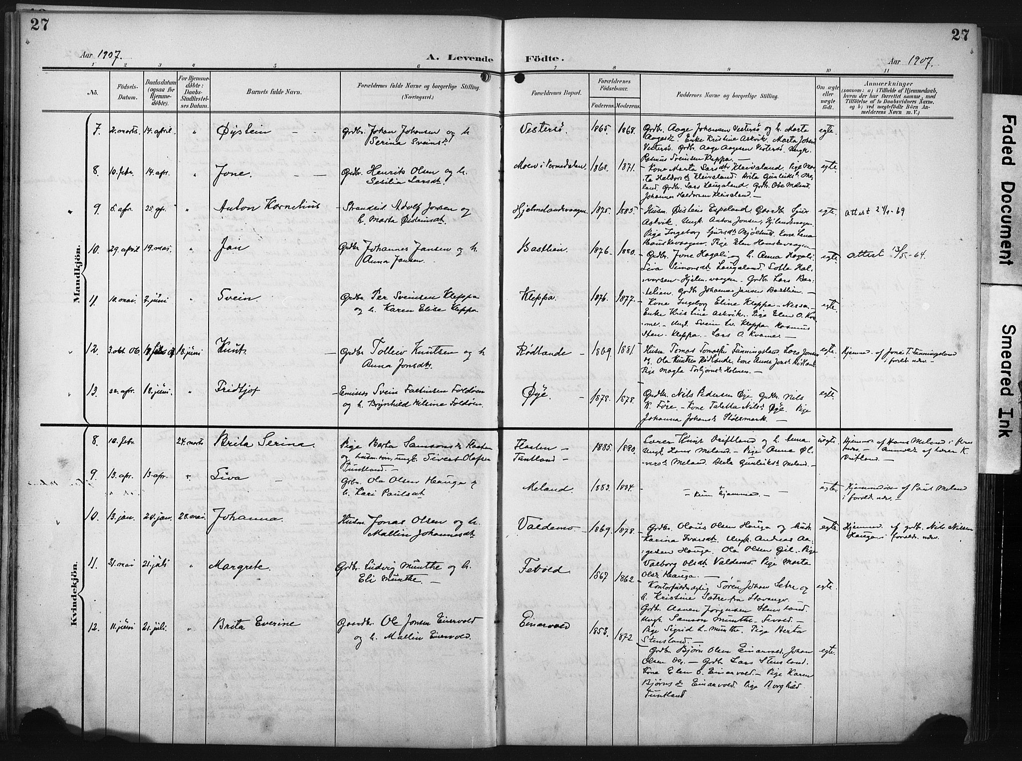 Hjelmeland sokneprestkontor, AV/SAST-A-101843/02/A/L0002: Parish register (official) no. A 17, 1901-1916, p. 27