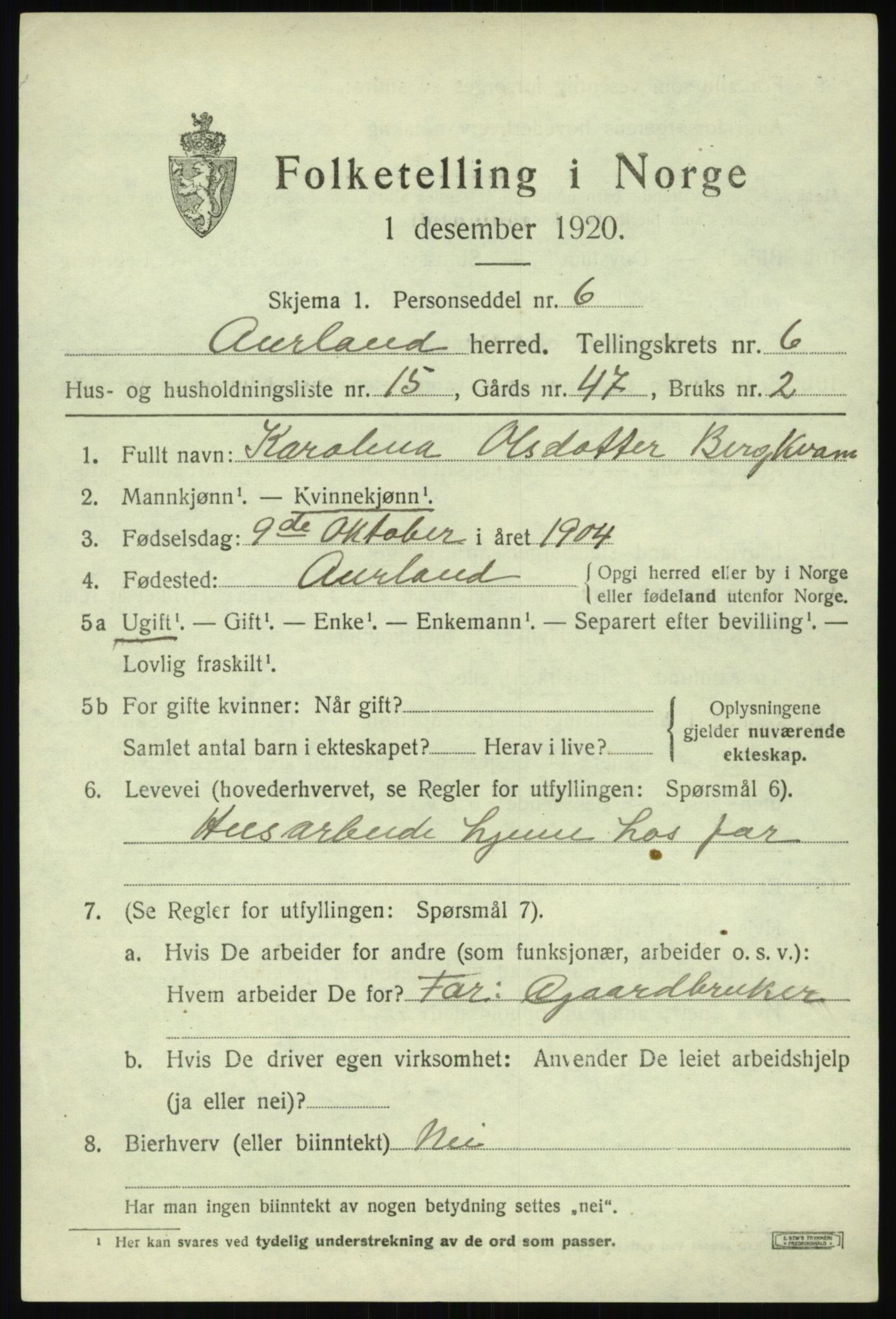 SAB, 1920 census for Aurland, 1920, p. 4060