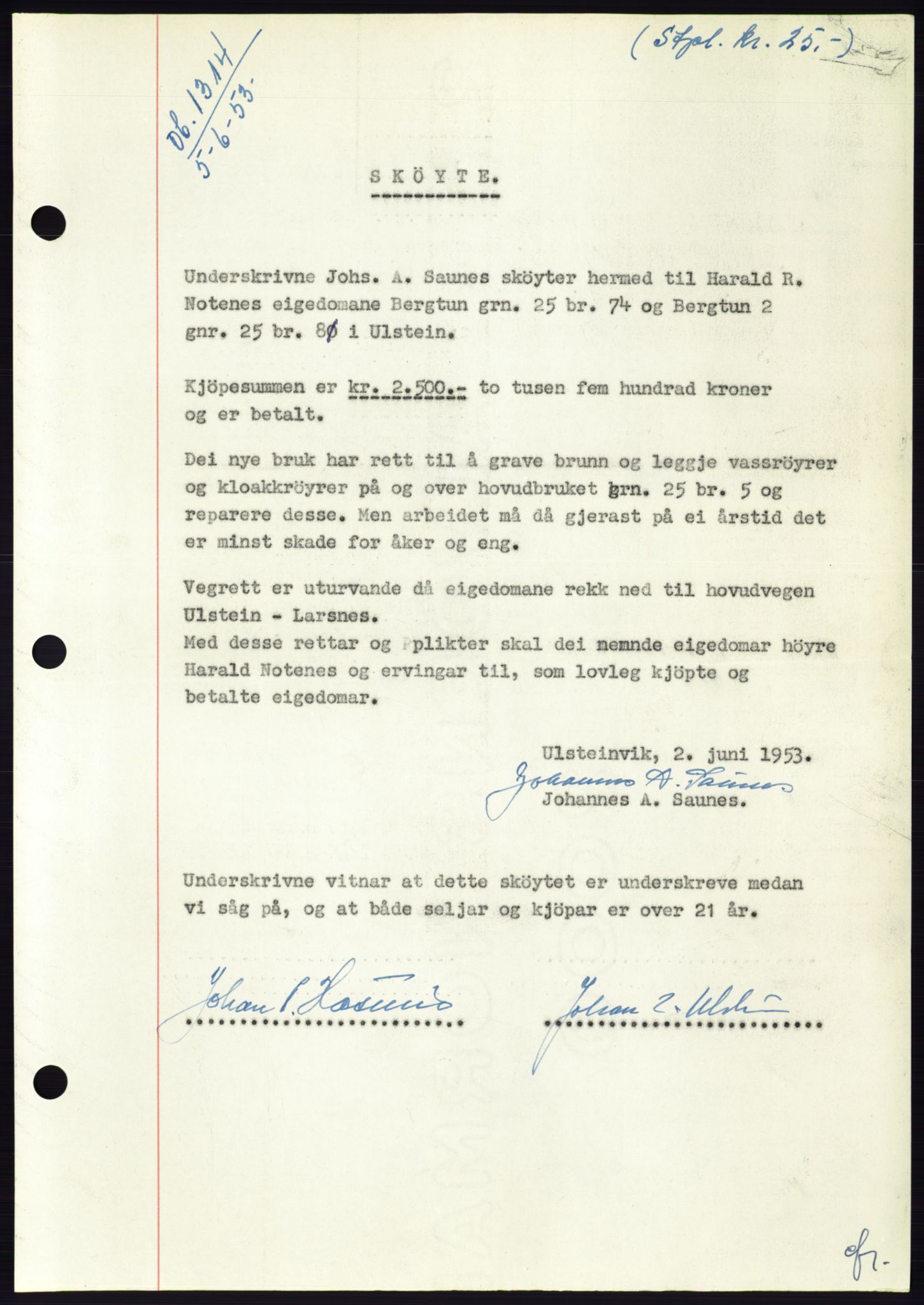 Søre Sunnmøre sorenskriveri, AV/SAT-A-4122/1/2/2C/L0095: Mortgage book no. 21A, 1953-1953, Diary no: : 1314/1953