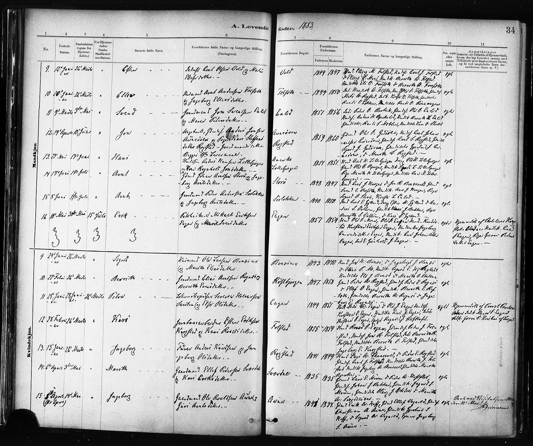 Ministerialprotokoller, klokkerbøker og fødselsregistre - Sør-Trøndelag, SAT/A-1456/687/L1002: Parish register (official) no. 687A08, 1878-1890, p. 34