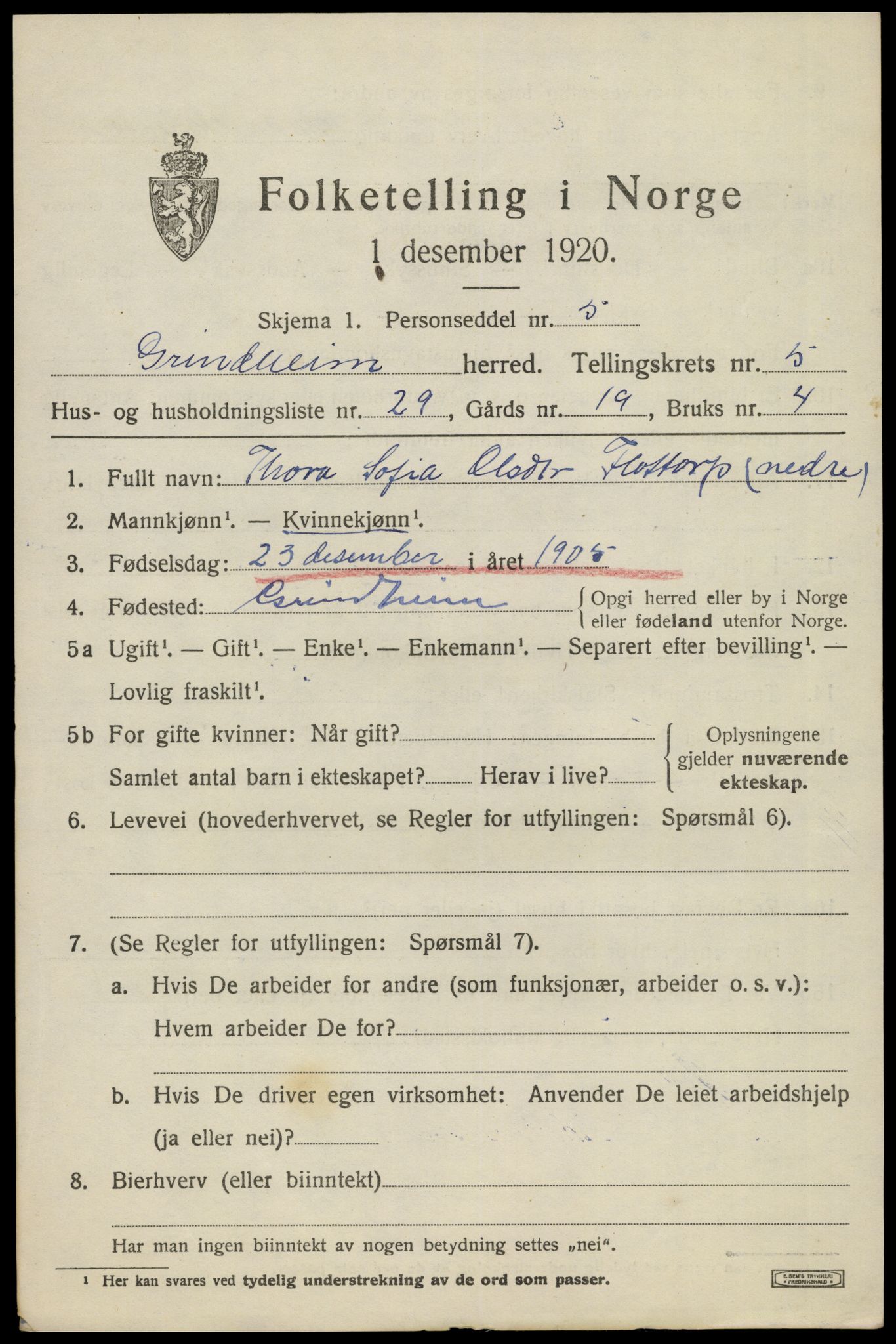 SAK, 1920 census for Grindheim, 1920, p. 1859