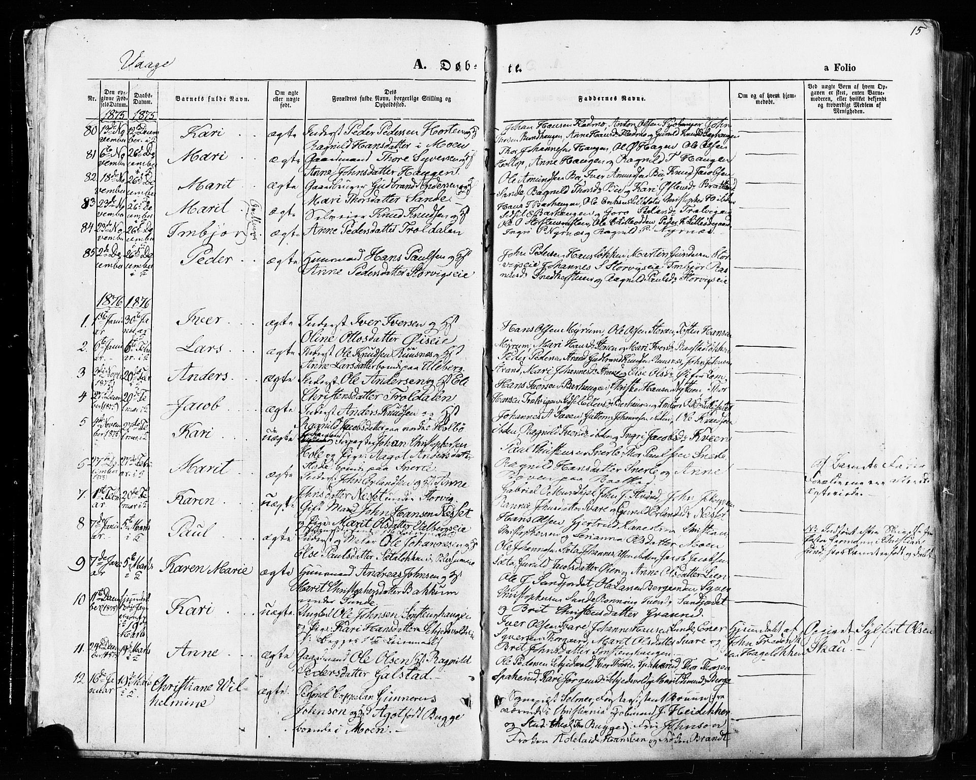 Vågå prestekontor, AV/SAH-PREST-076/H/Ha/Haa/L0007: Parish register (official) no. 7 /1, 1872-1886, p. 15