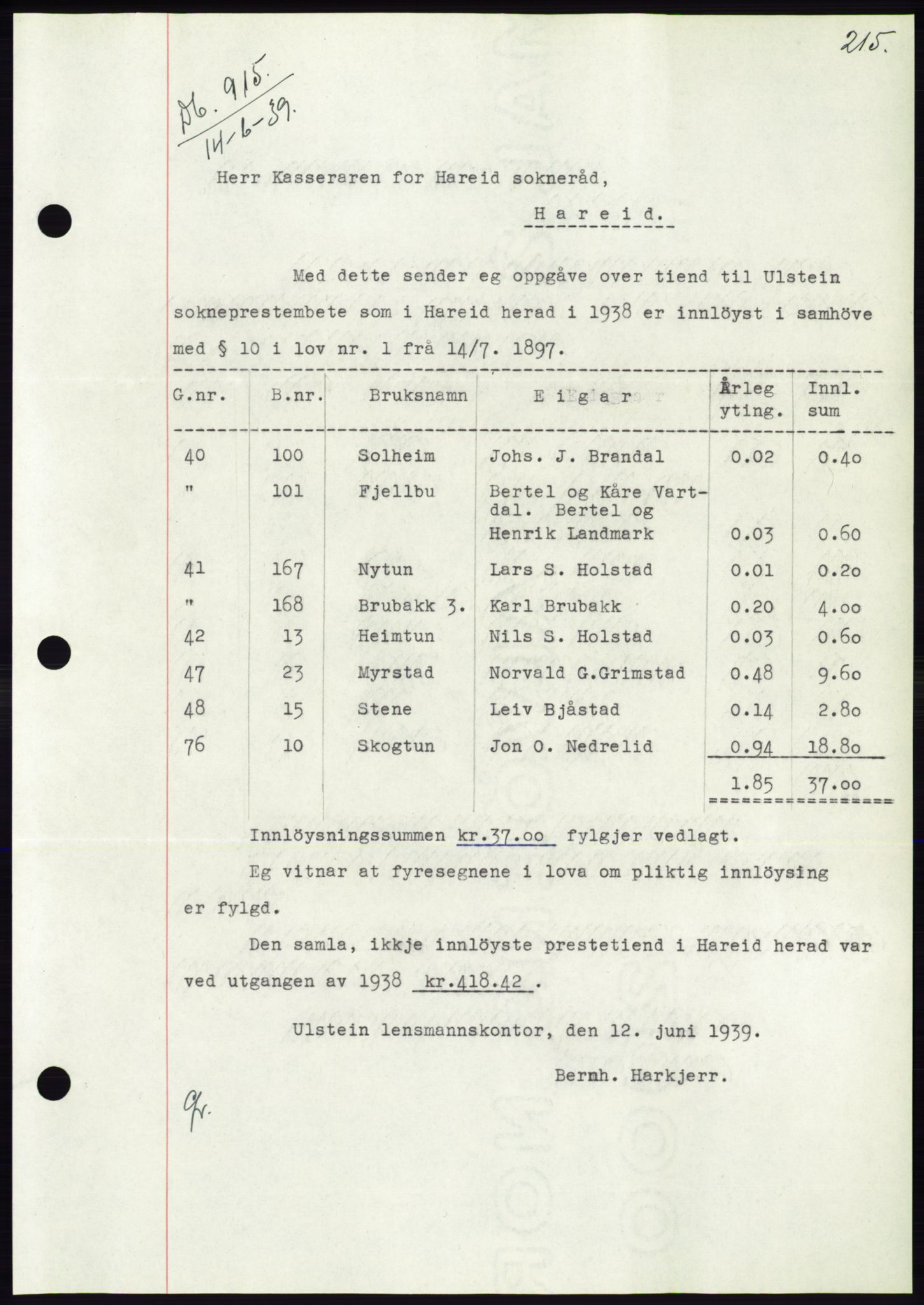 Søre Sunnmøre sorenskriveri, AV/SAT-A-4122/1/2/2C/L0068: Mortgage book no. 62, 1939-1939, Diary no: : 915/1939