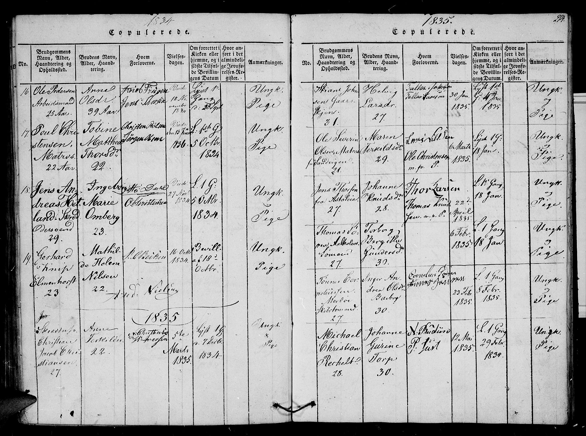 Arendal sokneprestkontor, Trefoldighet, SAK/1111-0040/F/Fb/L0001: Parish register (copy) no. B 1, 1816-1838, p. 214
