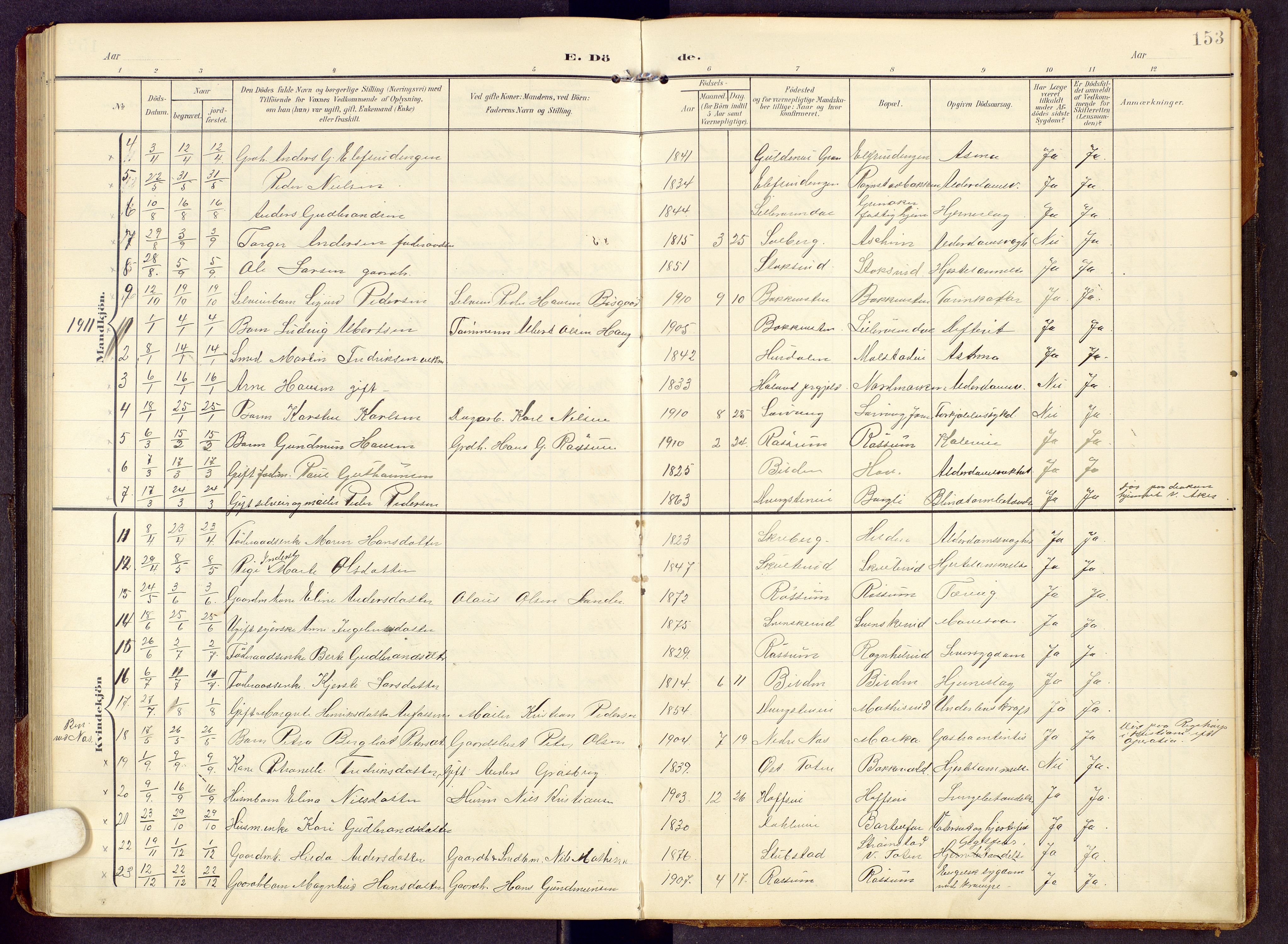 Brandbu prestekontor, SAH/PREST-114/H/Ha/Hab/L0009: Parish register (copy) no. 9, 1903-1916, p. 153