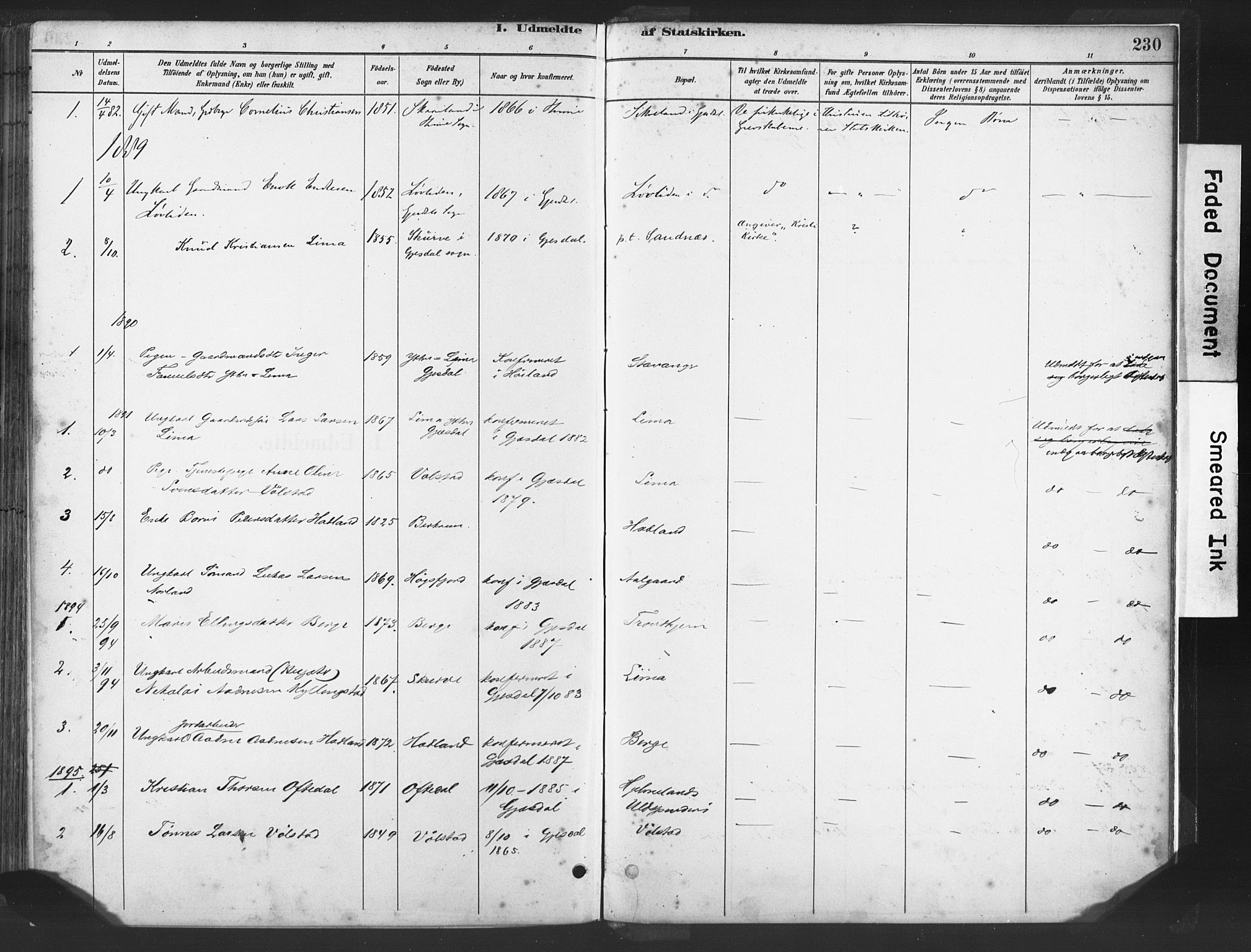 Lye sokneprestkontor, SAST/A-101794/001/30BA/L0010: Parish register (official) no. A 10, 1881-1896, p. 230