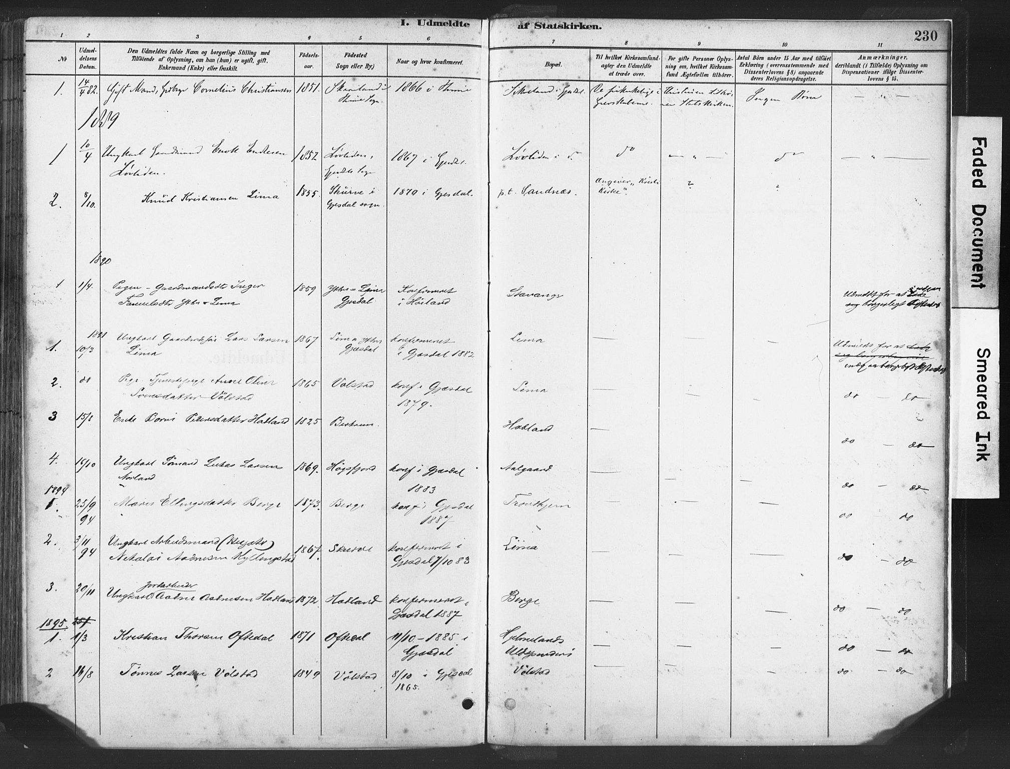 Lye sokneprestkontor, AV/SAST-A-101794/001/30BA/L0010: Parish register (official) no. A 10, 1881-1896, p. 230