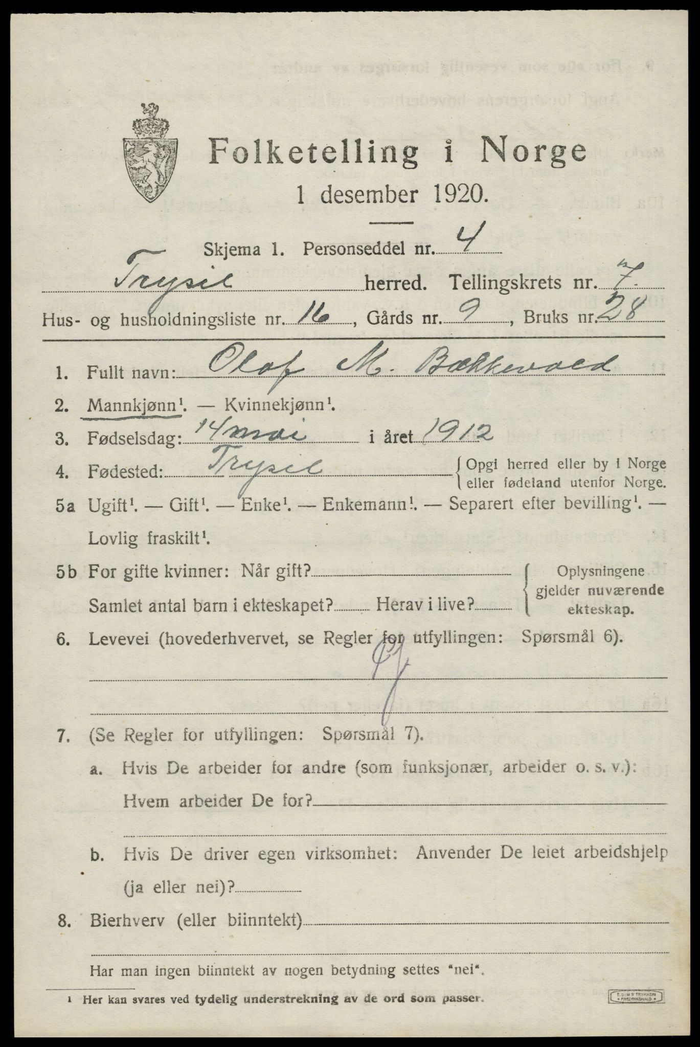 SAH, 1920 census for Trysil, 1920, p. 5393