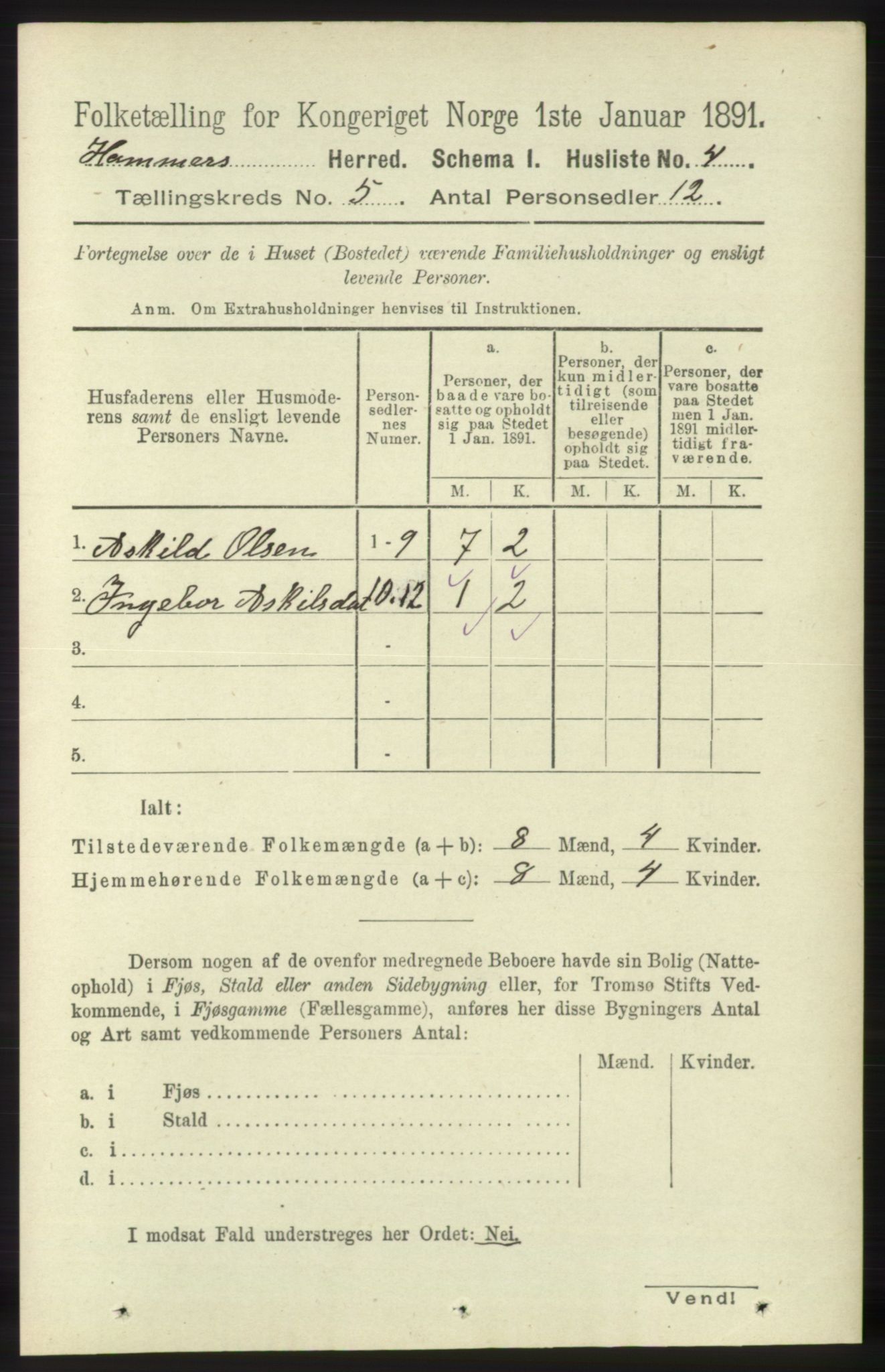 RA, 1891 census for 1254 Hamre, 1891, p. 1176